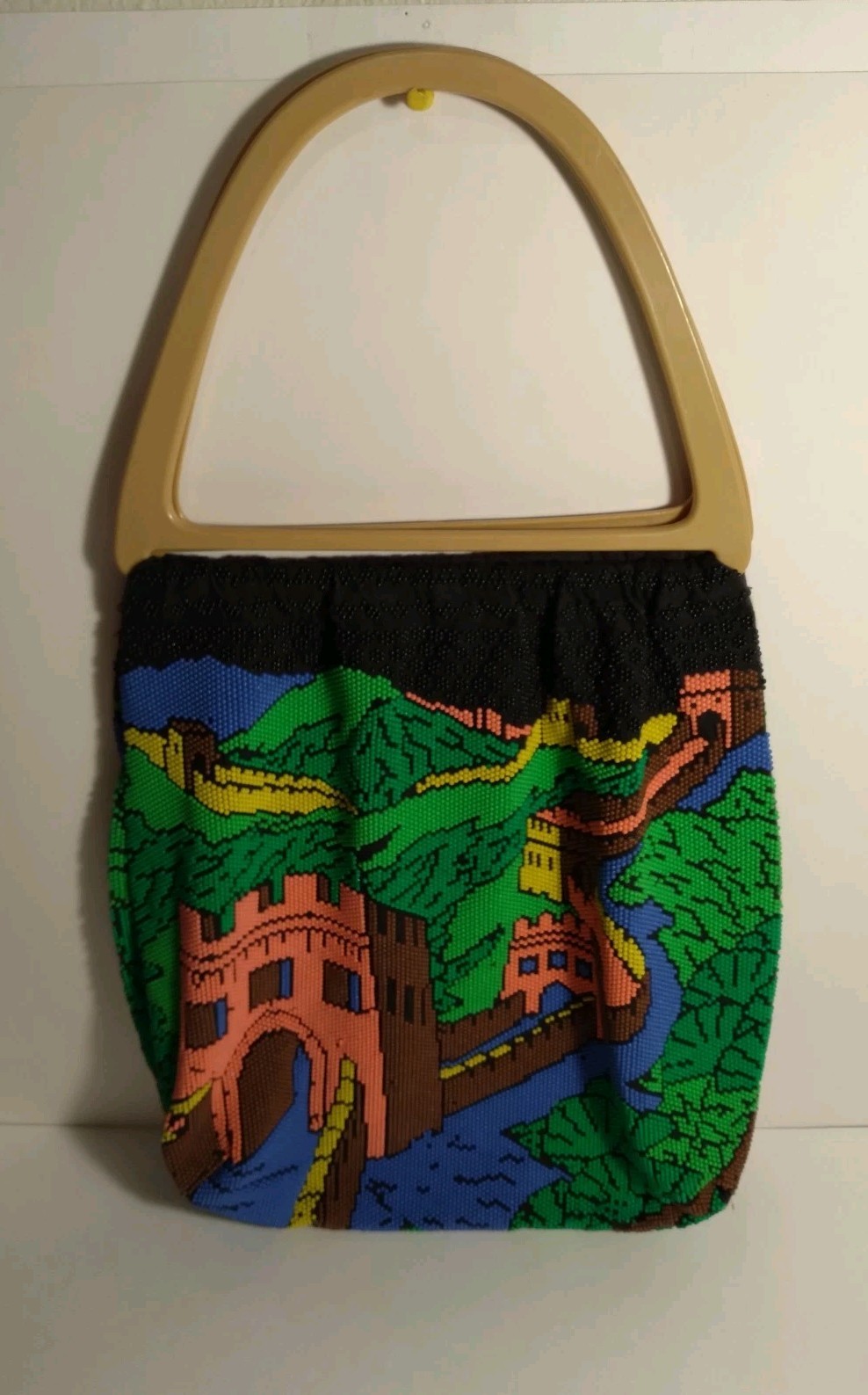 Vintage Great Wall of China Plastic Bead Tote Bag Purse Double Handles READ