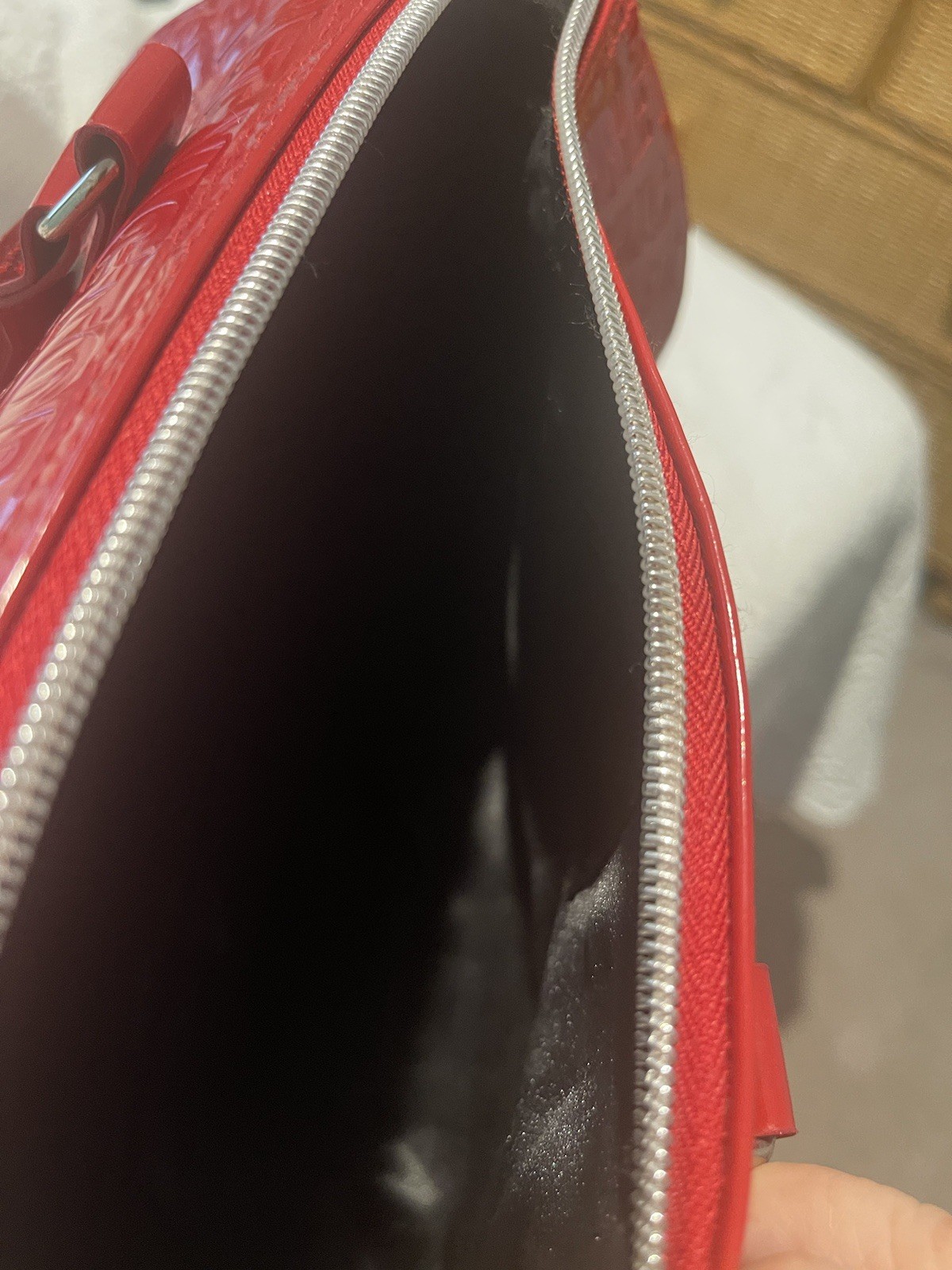 Victoria’s Secret Red Vinyl Love Edition Purse 8” High 10.5×6 Lined Zip Closure