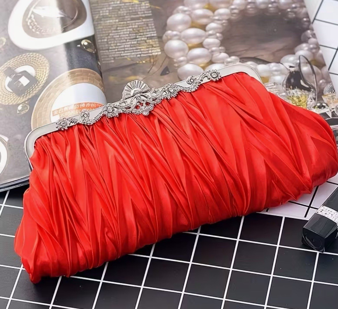 Red Satin Evening Clutch Purse Silver Frame Vintage Ruched Formal Bag Elegant
