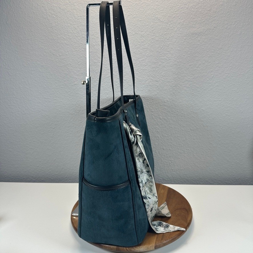 Liz Jordan-Hill Teal Microsuede Carryall Tote Bag Floral Scarf Adjustable Straps