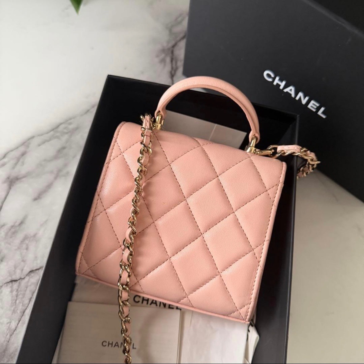 CHANEL Mini Top Handle Flap Bag Quilted Baby Pink Lambskin Gold Hardware