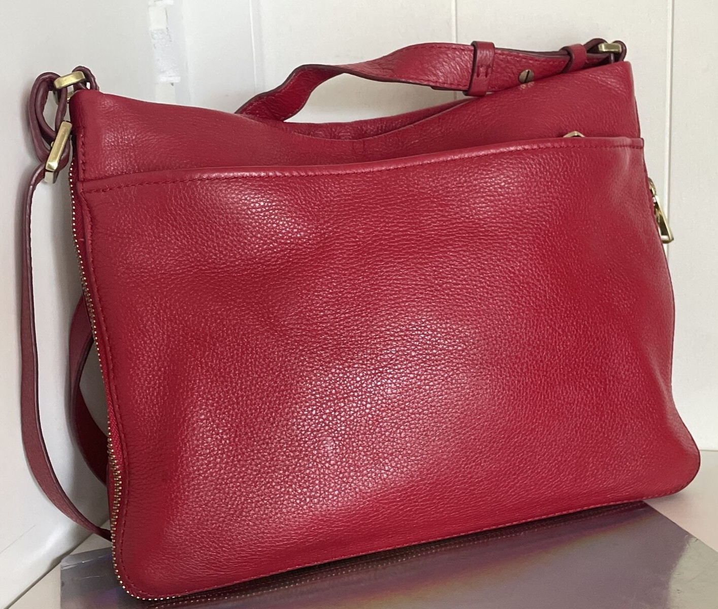 FOSSIL Expandable PIPER Crossbody Shoulder Bag Red Pebbled Leather