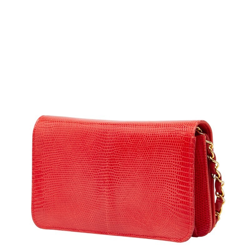 CHANEL Coco Mark Push Lock Chain Shoulder Bag Red Lizard Leather Ladies W19cm H1