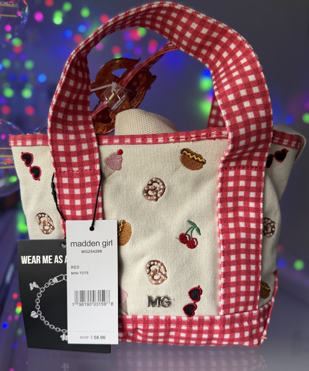 madden girl Red Gingham Icecream Cherry Pretzel Hotdog Heart Sunglasses Tote bag