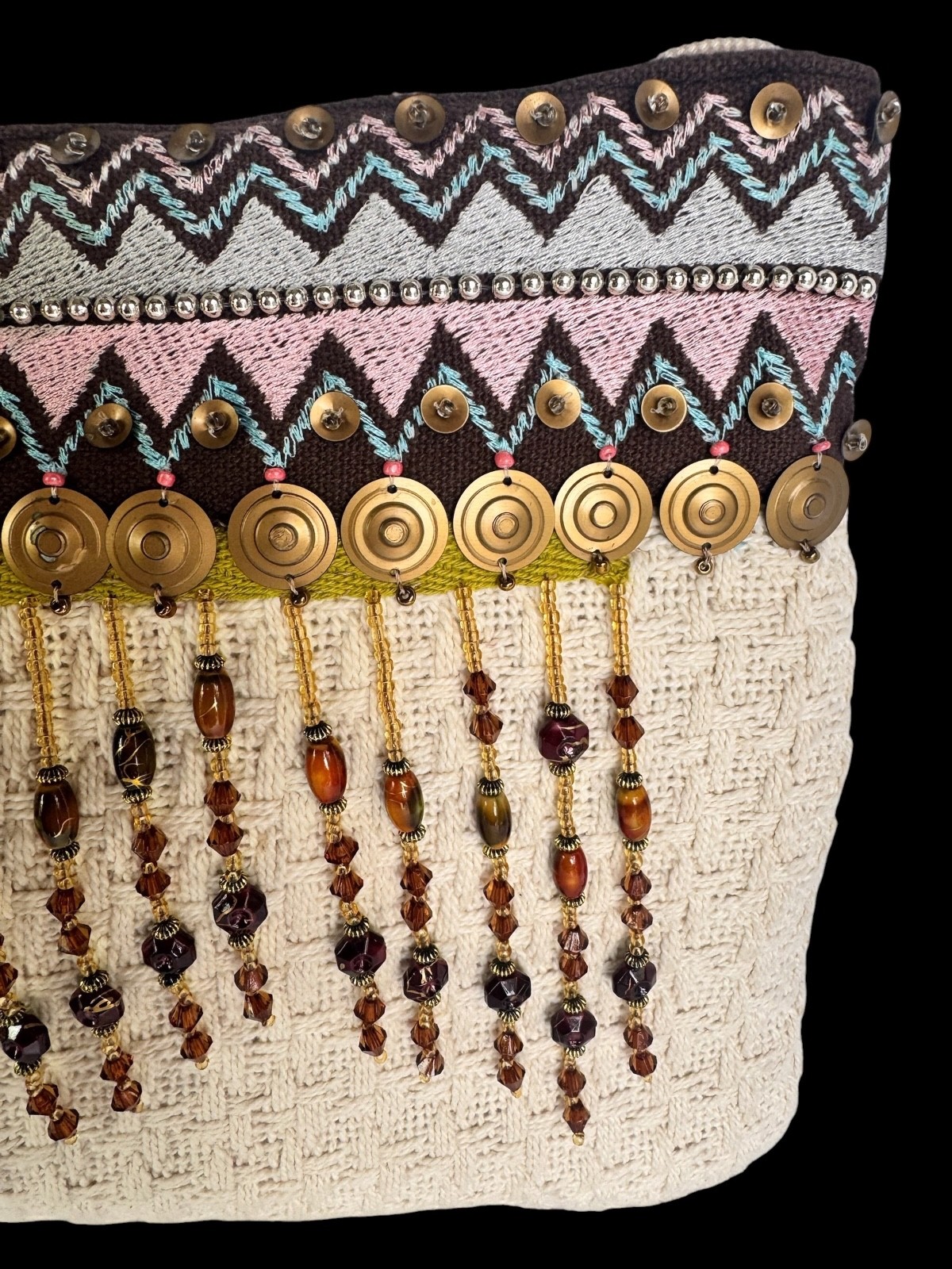 World Market Boho Beaded Embroidered Clutch Pouch Tassel Zip Cosmetic Bag EUC