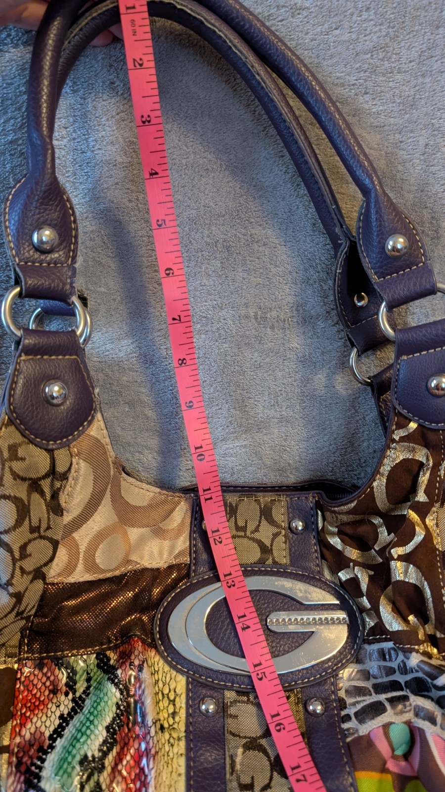 Vtg Y2K Guess Style Patchwork Monogram Big G Buckle Shoulder Satchel Bag Purse