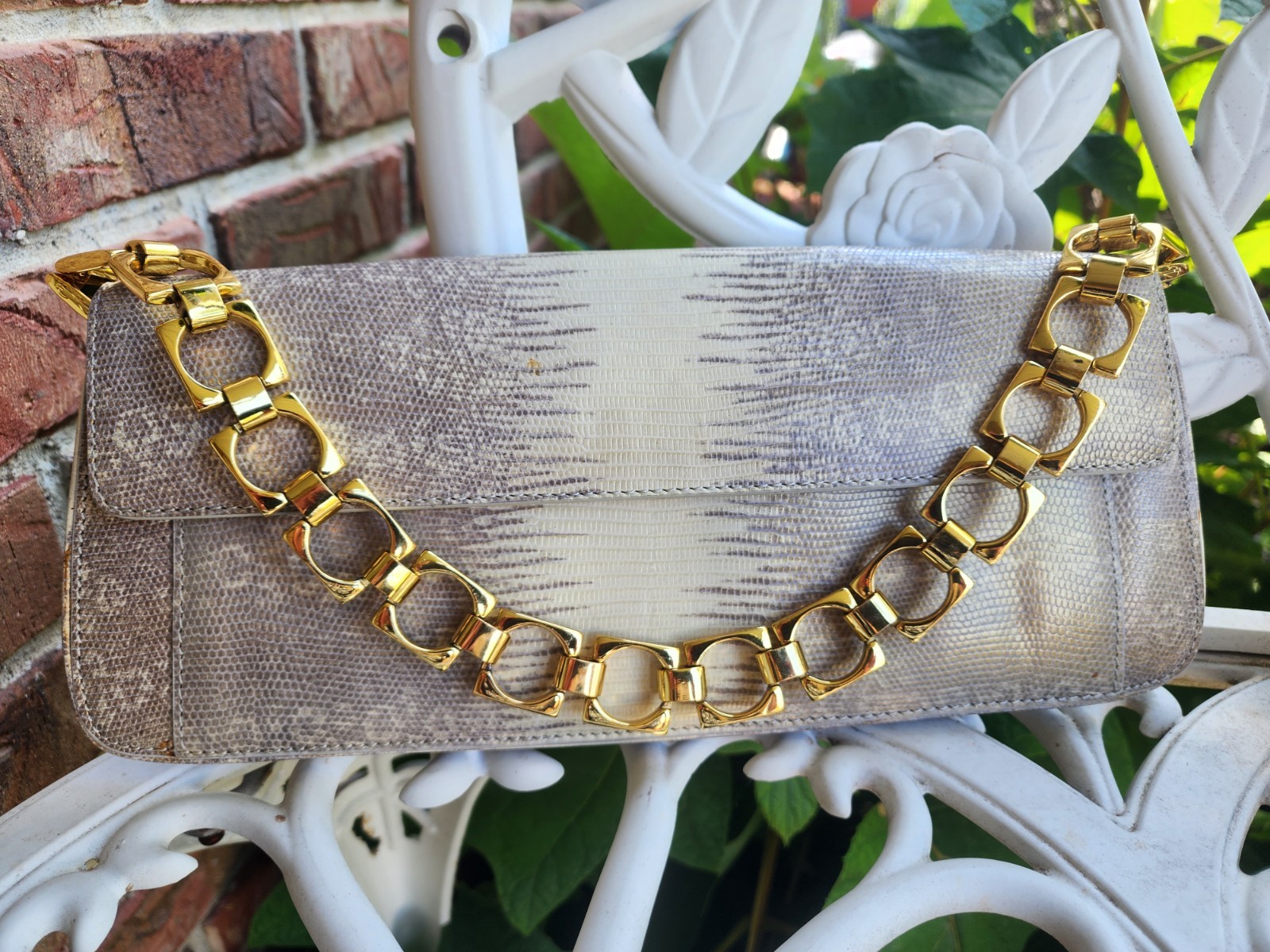 Cole Haan 1928 Textured Shoulder Bag Taupe Ivory Gold Chain Purse EUC
