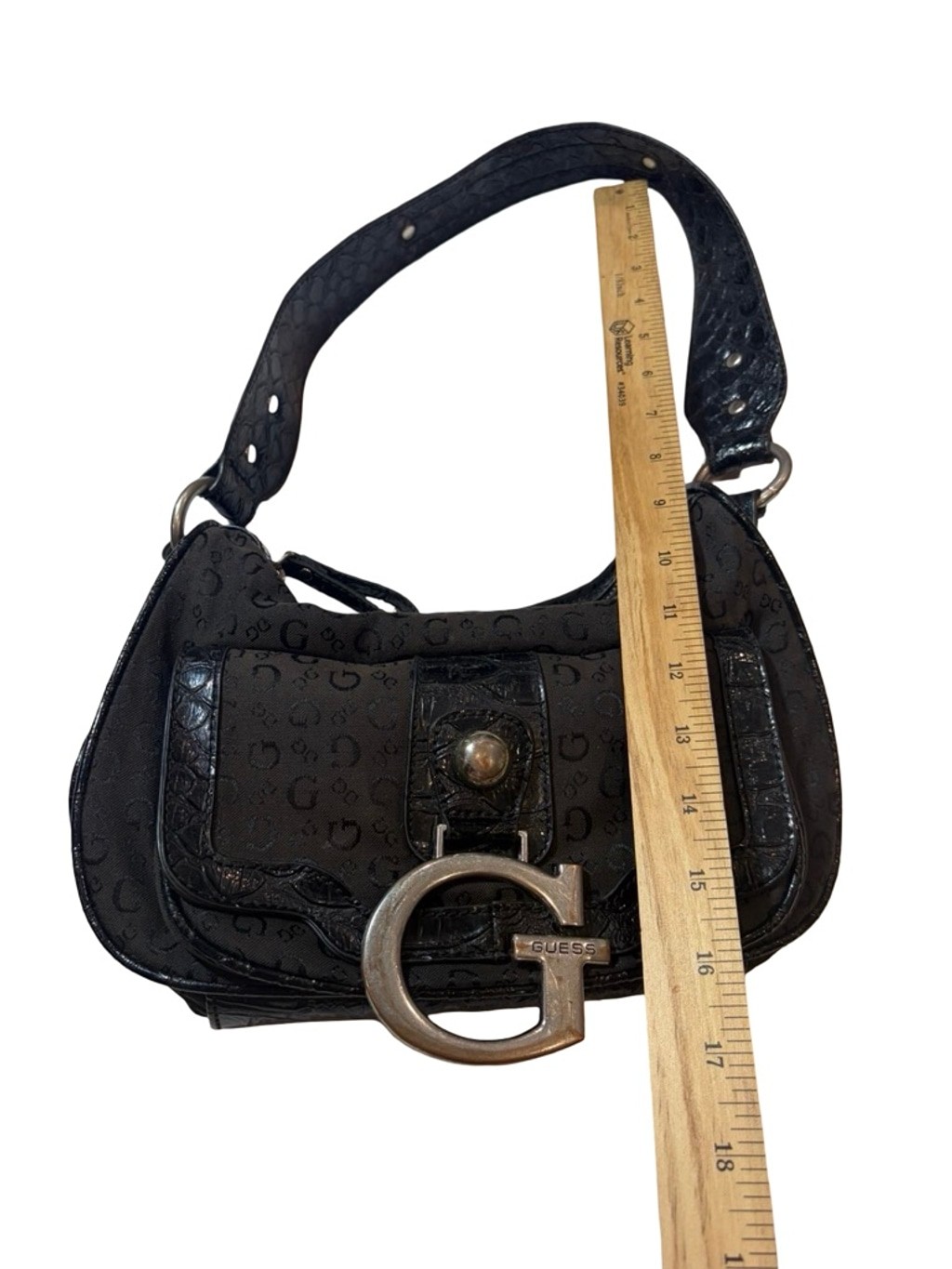 Guess Y2K Black Logo Baguette Shoulder Bag Faux Croc Large G Hardware