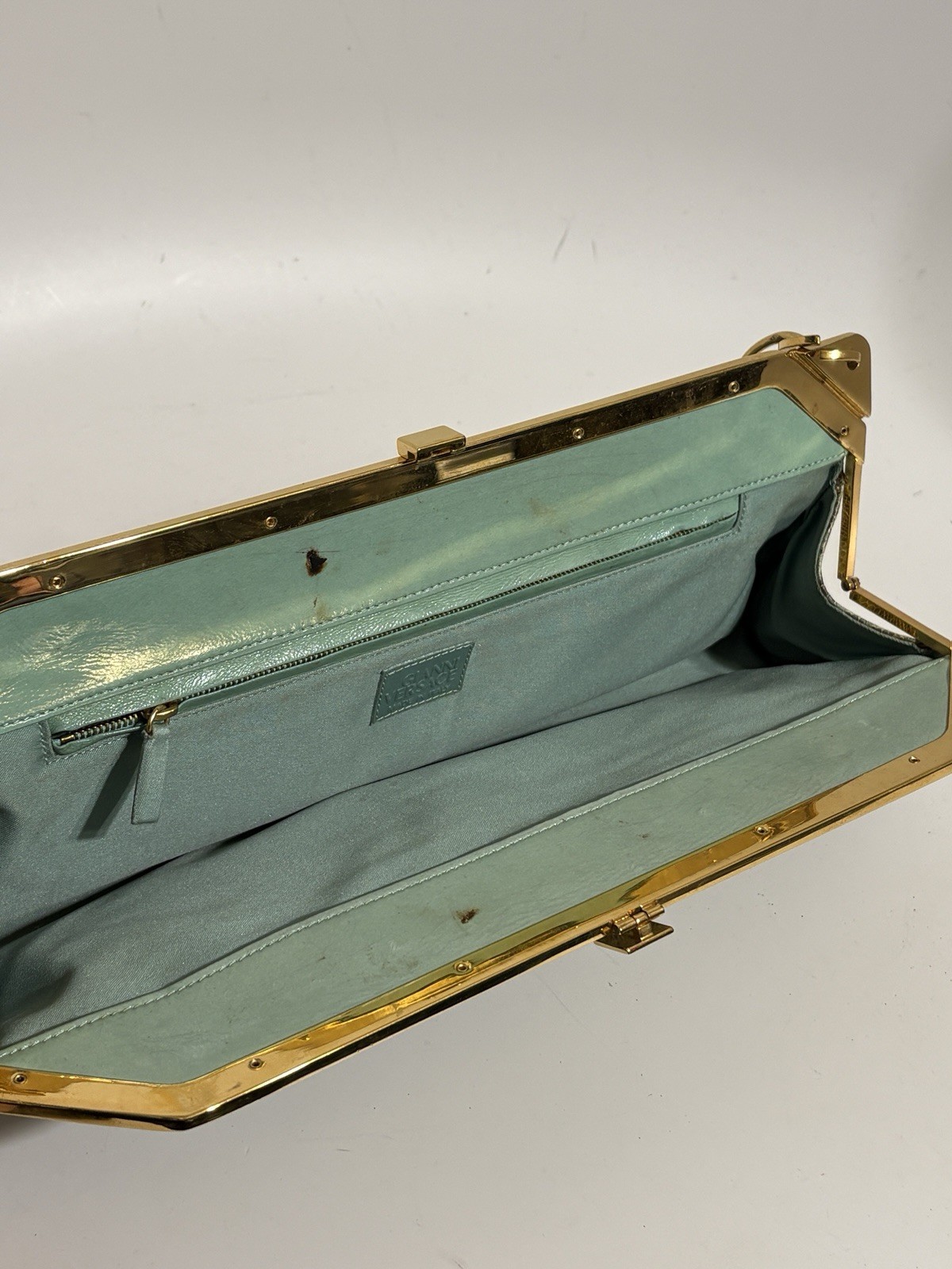 Vtg Gianni Versace Green Lizard Leather Gold Chain Strap Shoulder Bag
