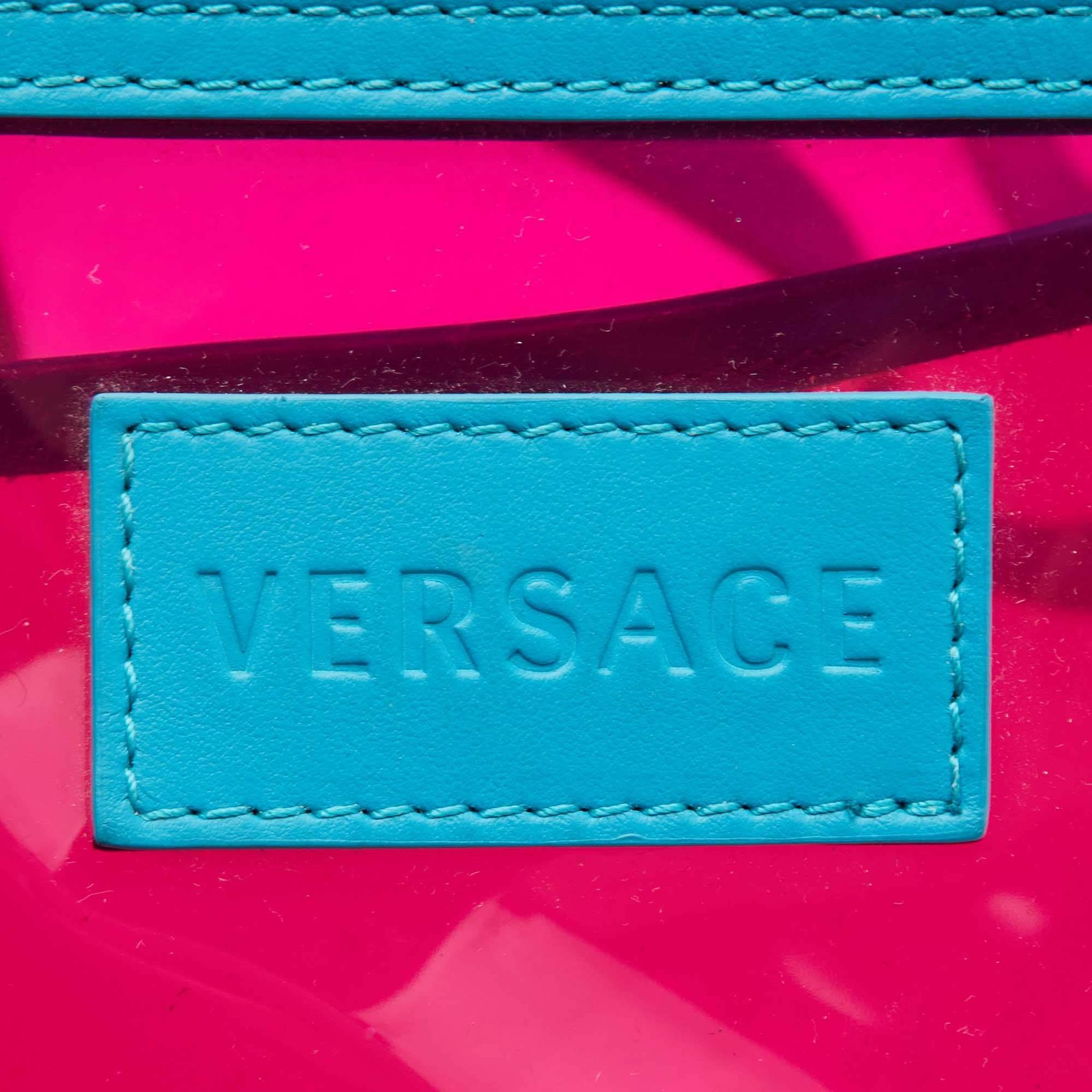 Versace 90s Vintage PinkBlue PVC and Leather Shopper Tote
