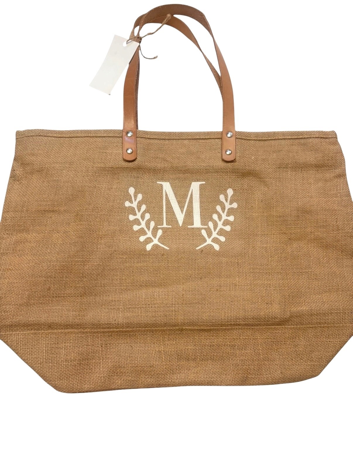NWT Monogrammed Jute Tote Bag, laurel wreath & initial M w/ genuine vegan leathe