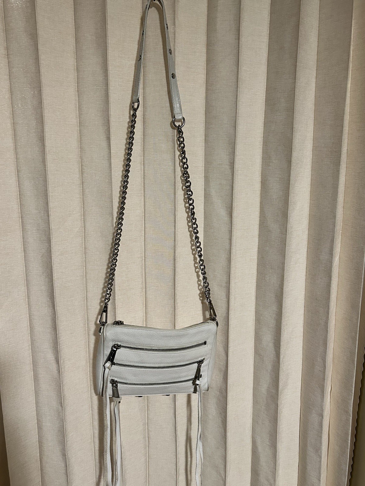 White Pebbled Small Crossbody Bag, Triple Zip, Silver Chain Strap, Studs