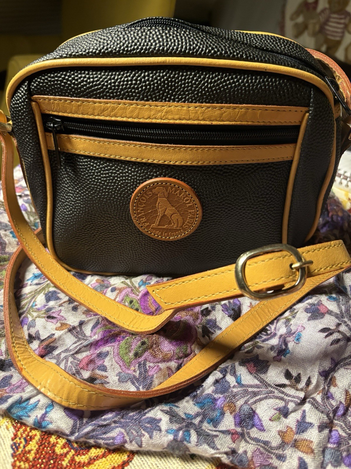 Hunting World Black Pebbled Shoulder Bag with Logo Patch and Tan Strap