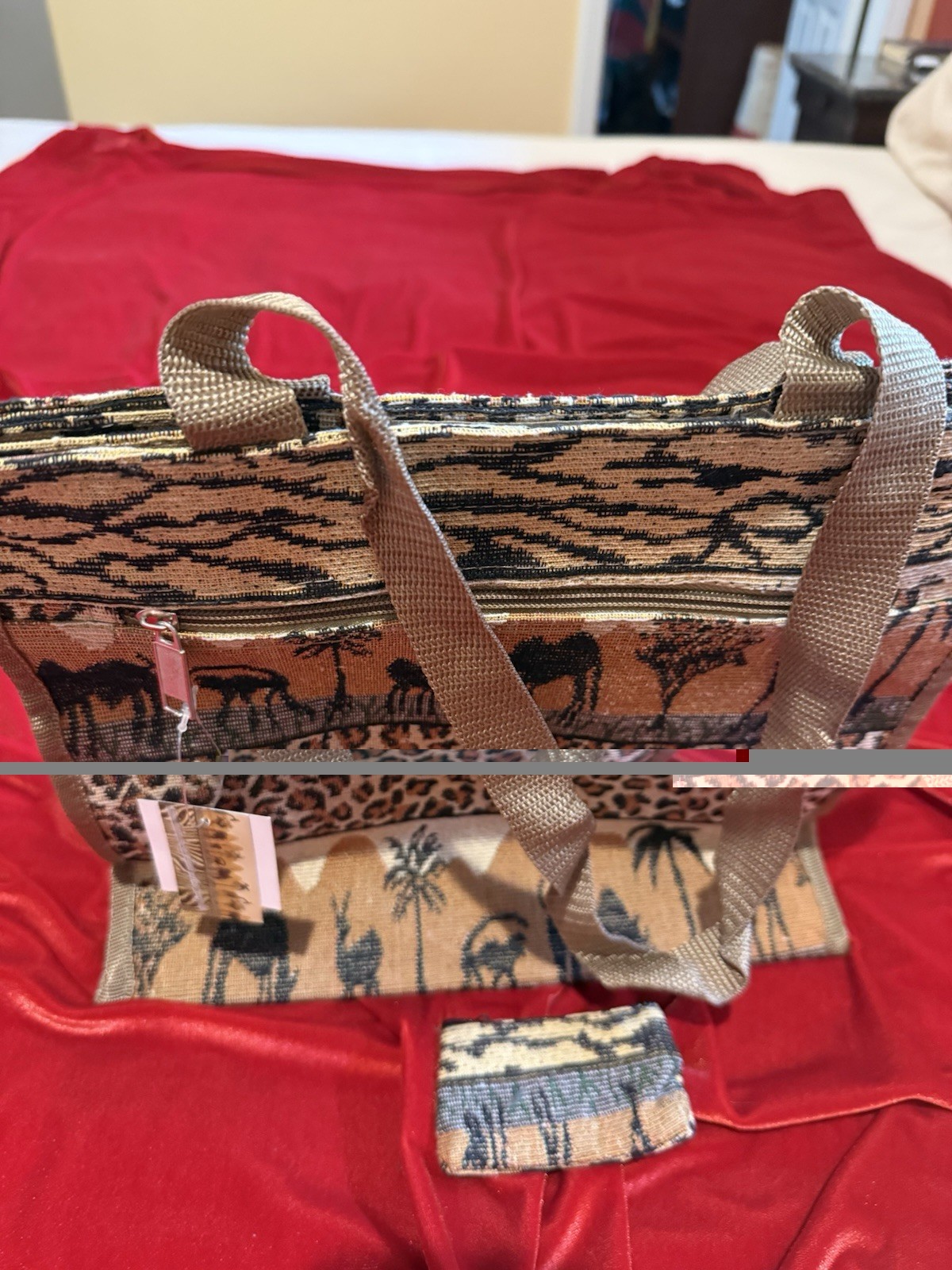 Animal Print Safari Tapestry Large Zip Tote, Front Zip Pockets, Coin Purse