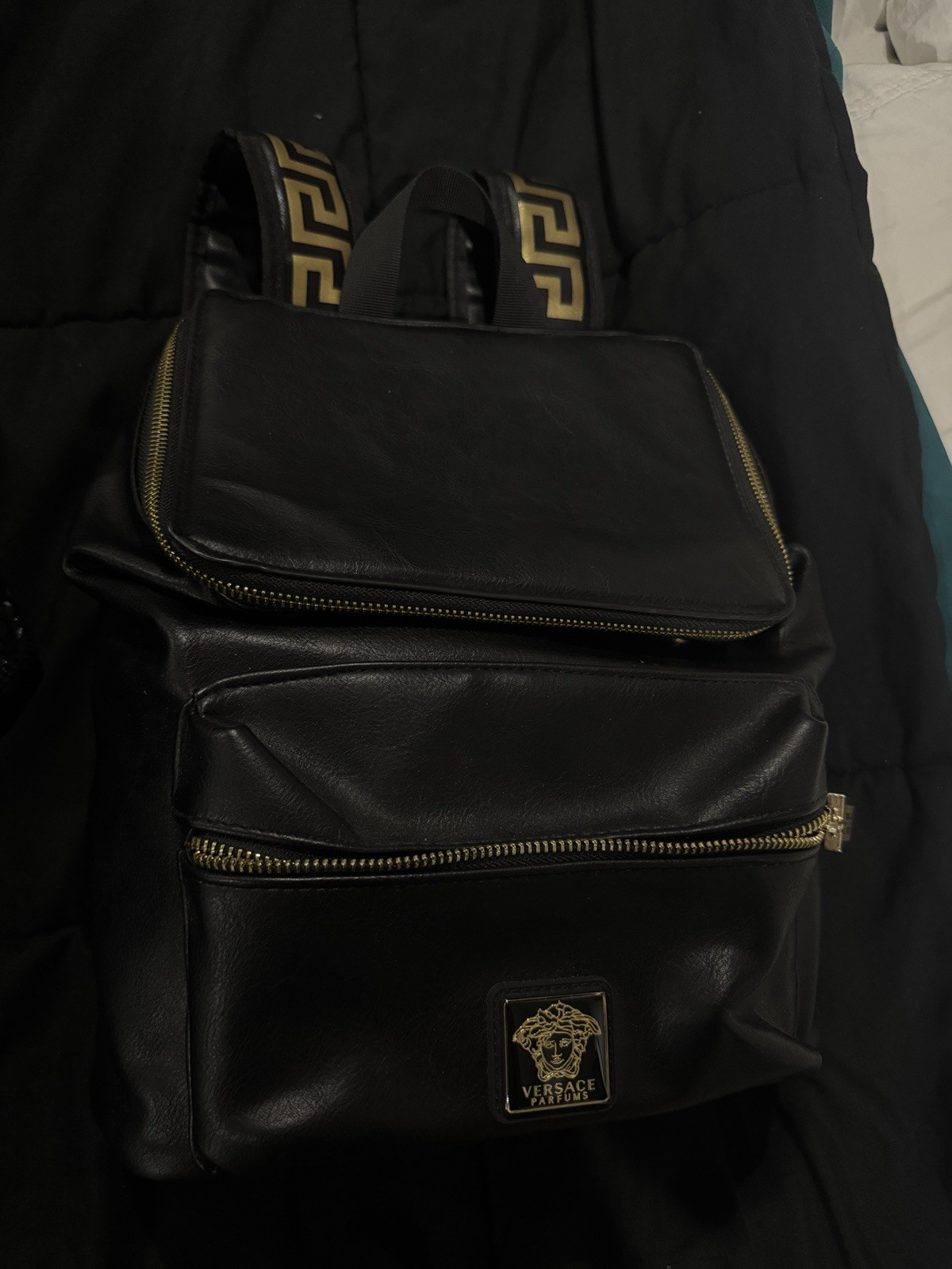 Authentic Versace Parfums Black Backpack Medusa Gold Greek Key Greca Straps
