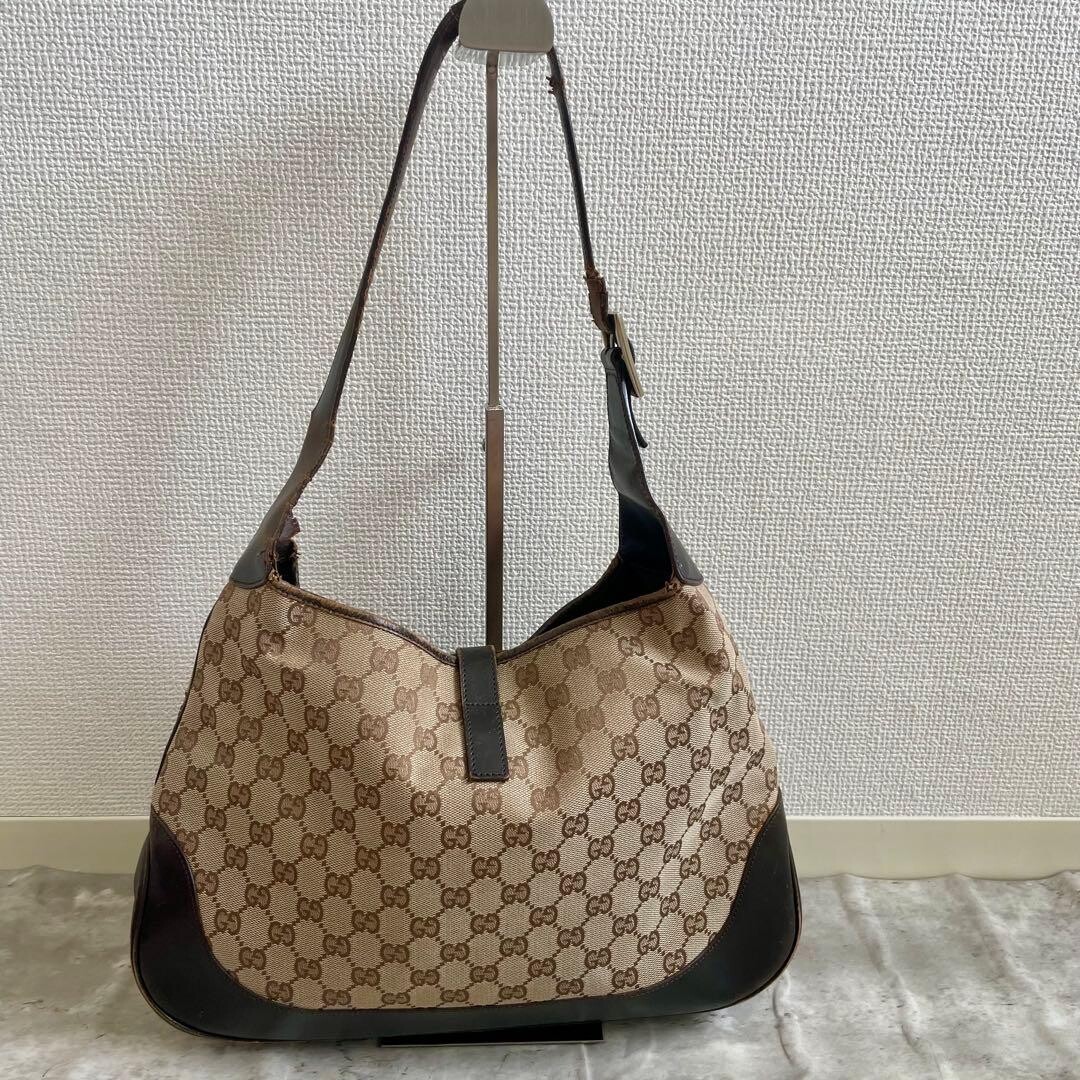 GUCCI Jackie GG Canvas Web Stripe Shoulder Bag Brown Leather Medium Tote