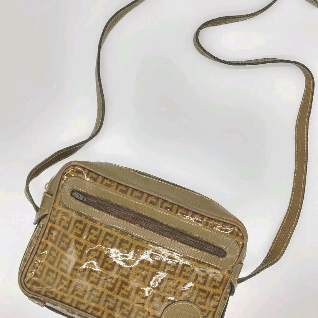 Fendi Zucca Brown PVC Shoulder Bag Zip Women’s Vintage Crossbody 23cm 16cm 100cm