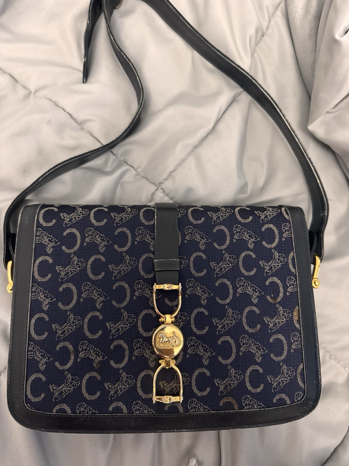 CELINE Sulky C Macadam Vintage Shoulder Bag Navy Canvas and Leather Gold-ton…