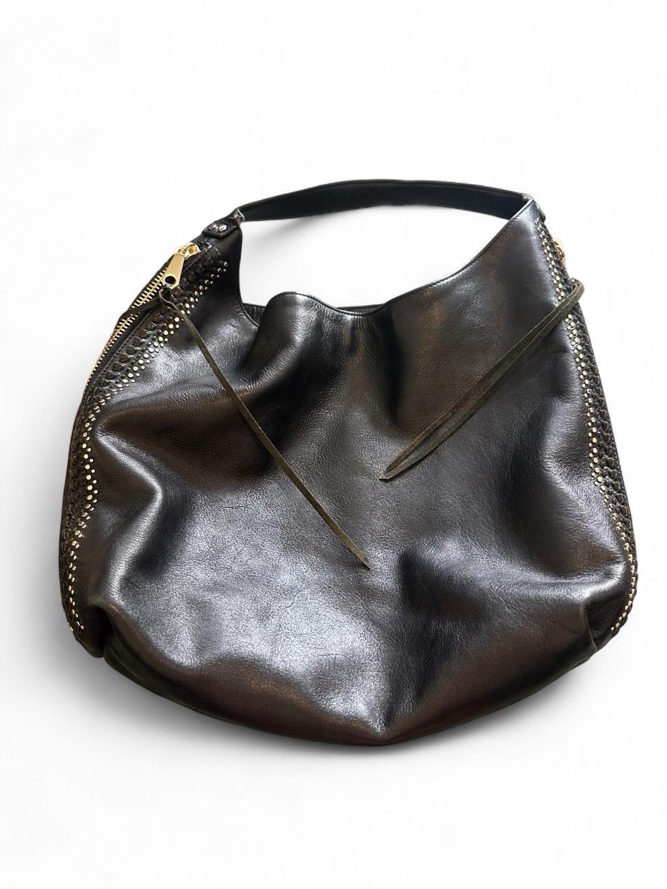 Rebecca Minkoff Black Studded Zip Hobo Shoulder Bag Gold Hardware Lined Pockets