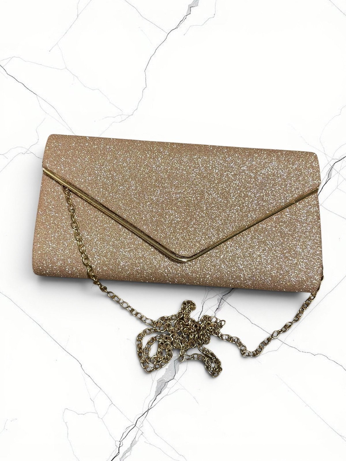 Sparkling Gold Glitter Clutch Bag Envelope Style Chain Strap Formal Party Purse
