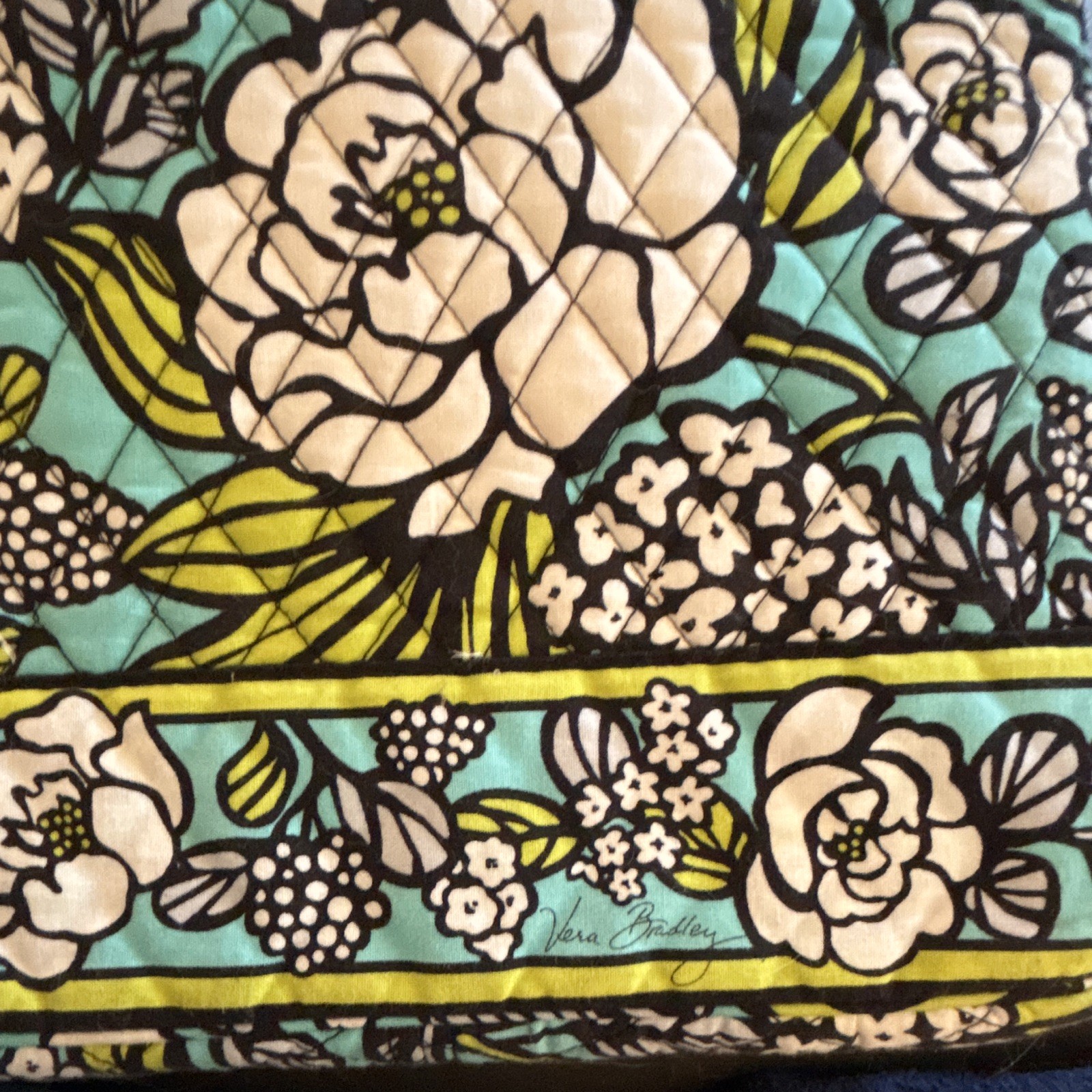 Vera Bradley Blue Green Black White Floral Tote Bag Double Handles