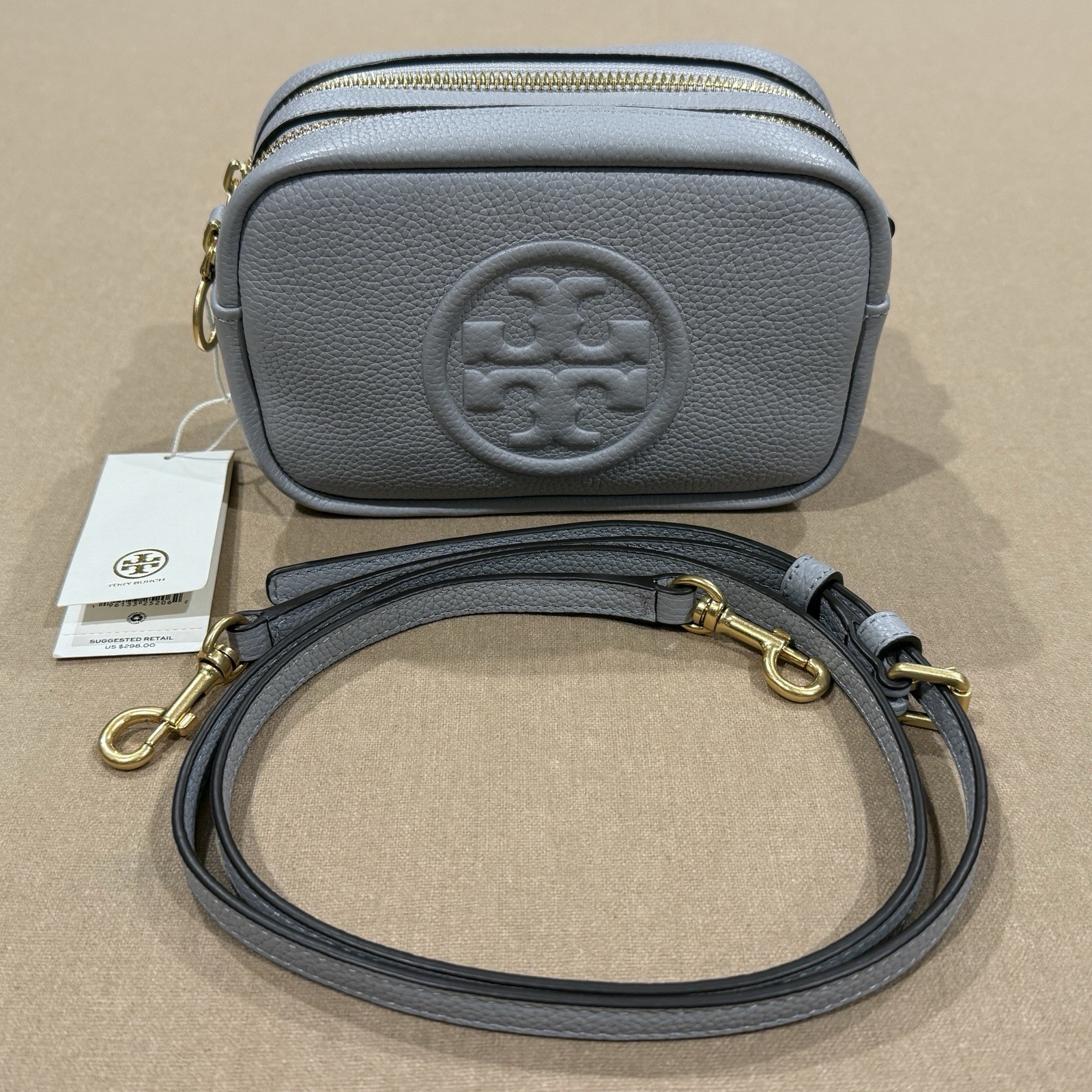 NWT Tory Burch Perry Bombe Mini Shoulder Camera Bag in Bay Gray 55691 0622