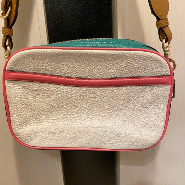 COACH Jes Double Zip Camera Bag Chalk Pebble Leather Rainbow Strap 9.6×6.3 inch