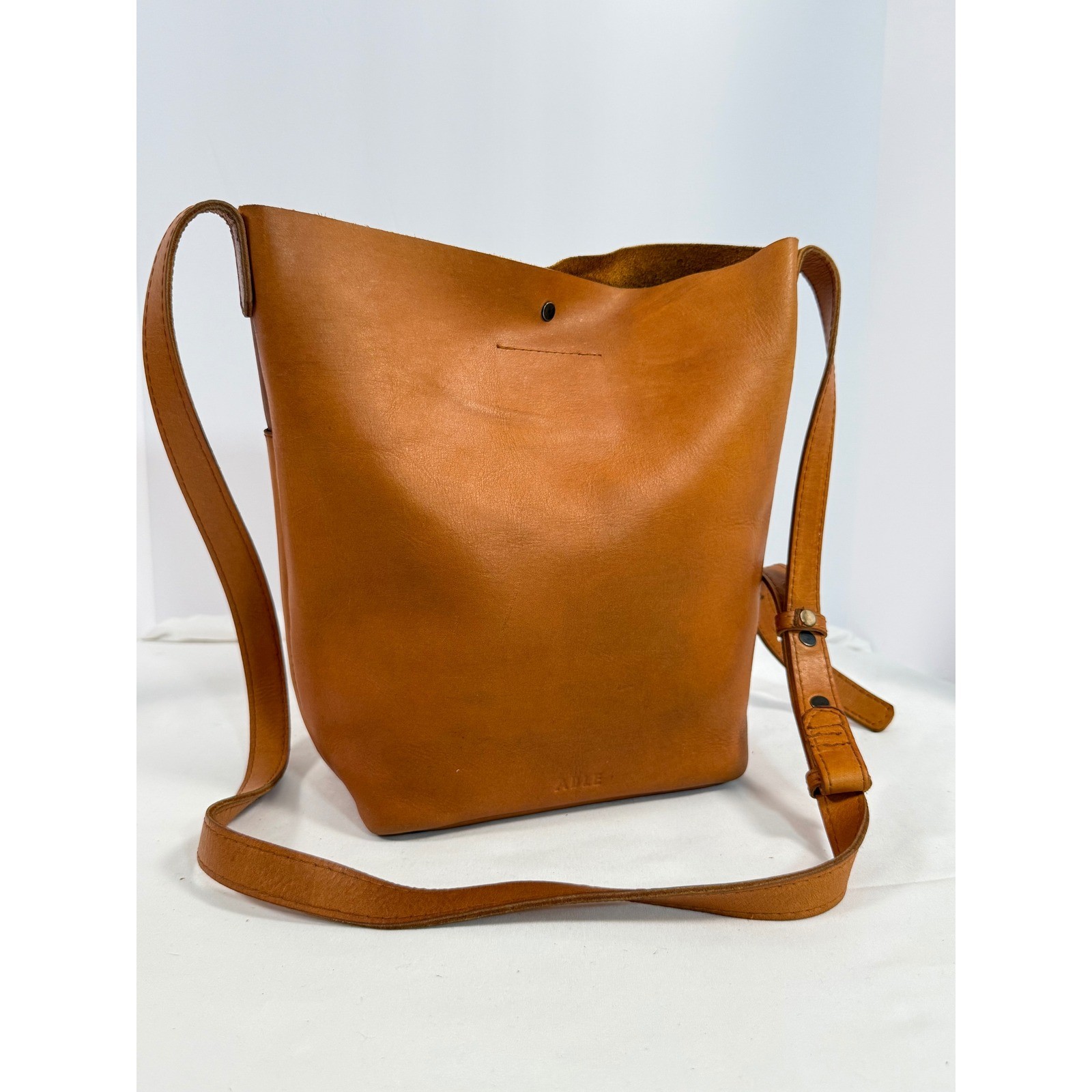 ABLE Abera Crossbody Bag Cognac Brown Leather Minimalist Bucket Tote Handbag