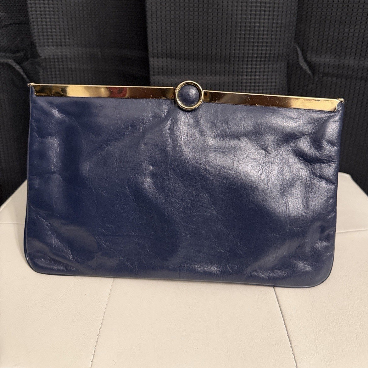 Vintage Robert Bestien Blue Leather Clutch w/ Strap, Gold-Tone Frame, Clasp