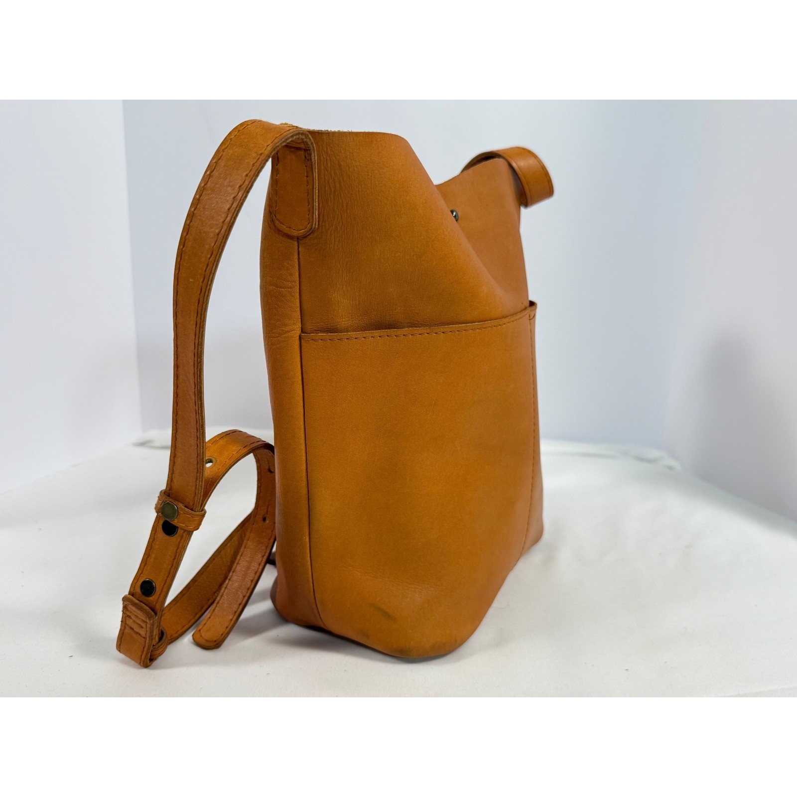 ABLE Abera Crossbody Bag Cognac Brown Leather Minimalist Bucket Tote Handbag