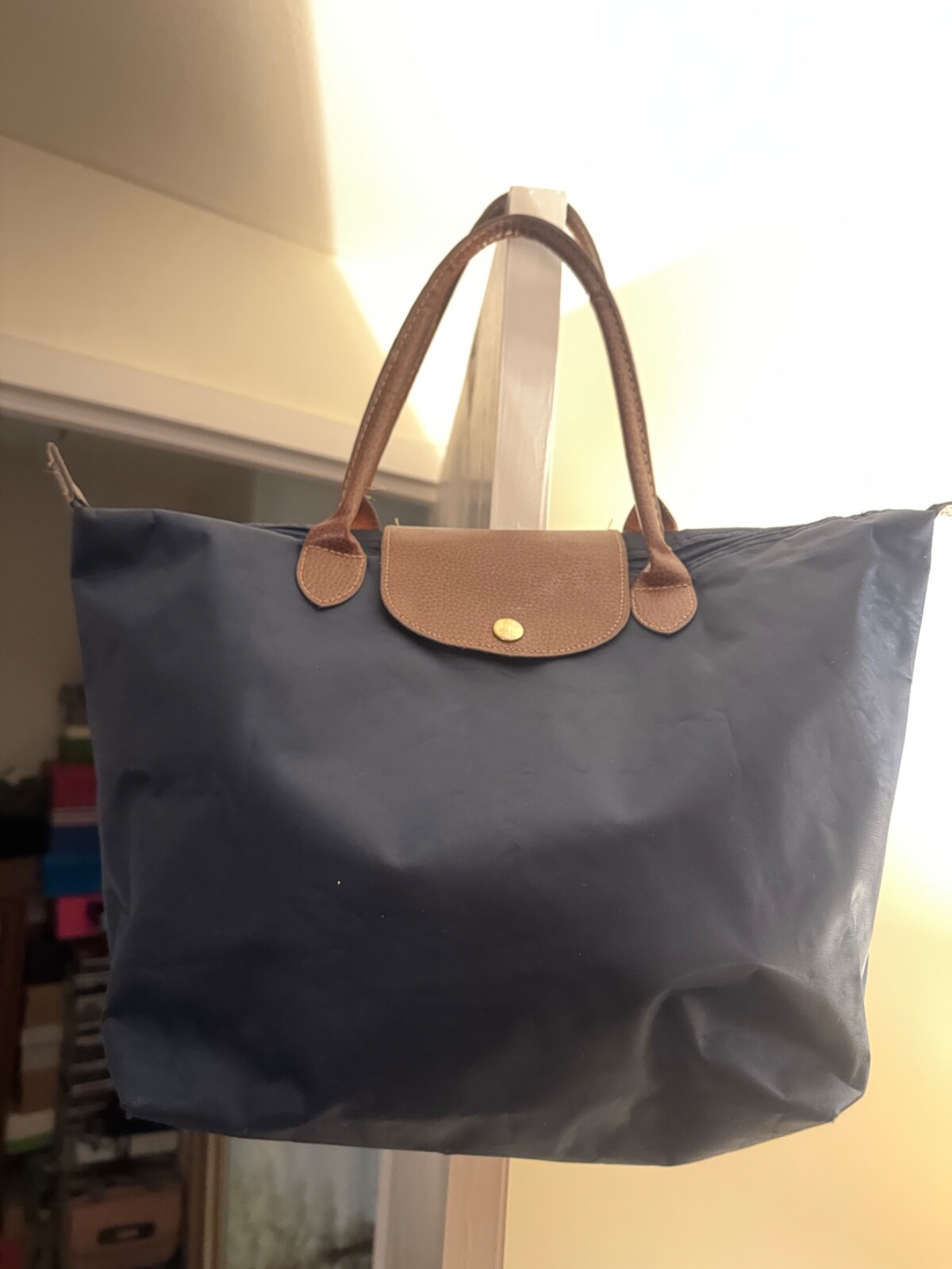 Le Pliage-inspired astral blue nylon tote 12”medium packable long handles used
