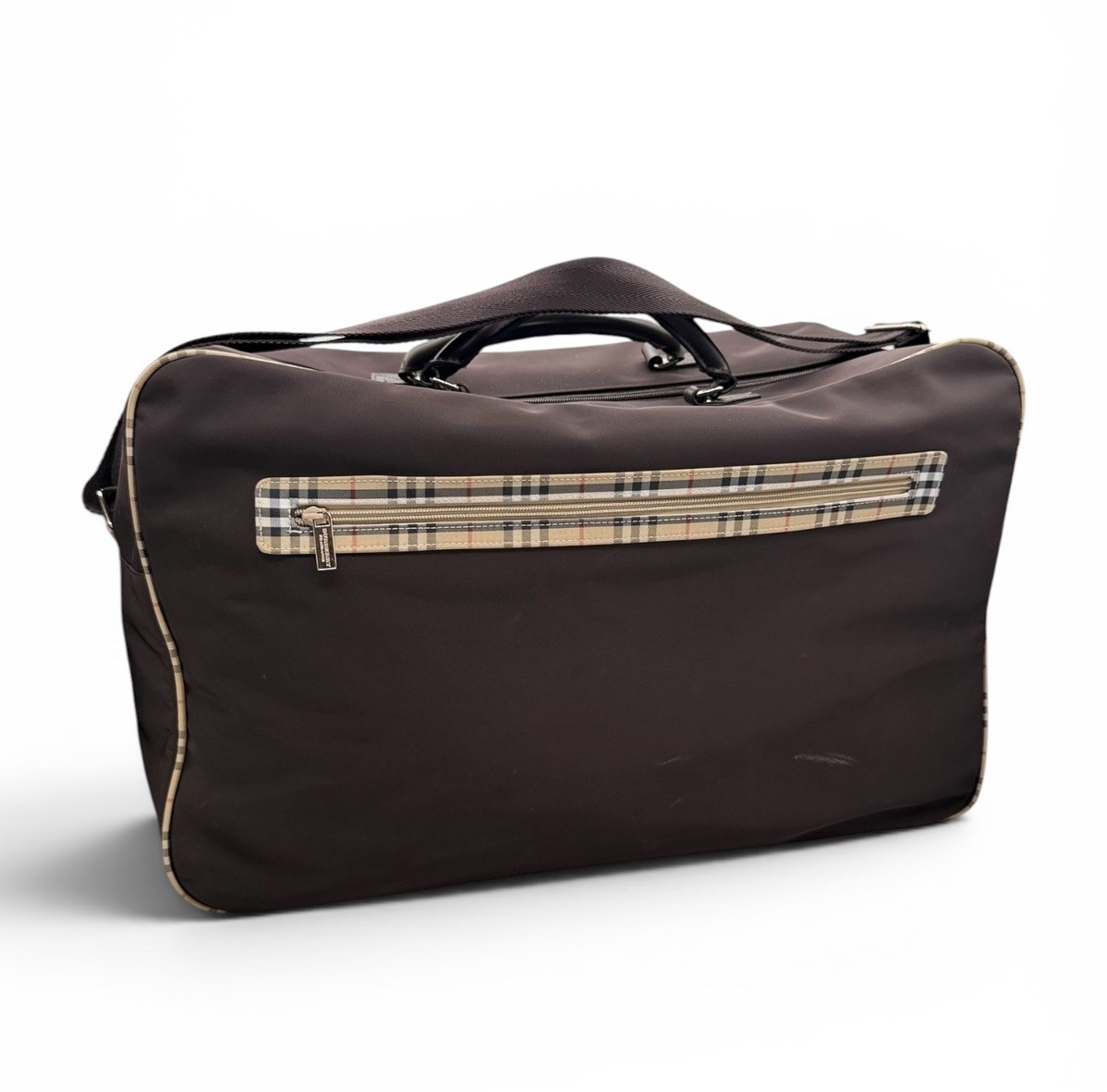 Burberry Fragrance Brown Plaid Trimming Travel Duffel Strap Handle Bag Size L