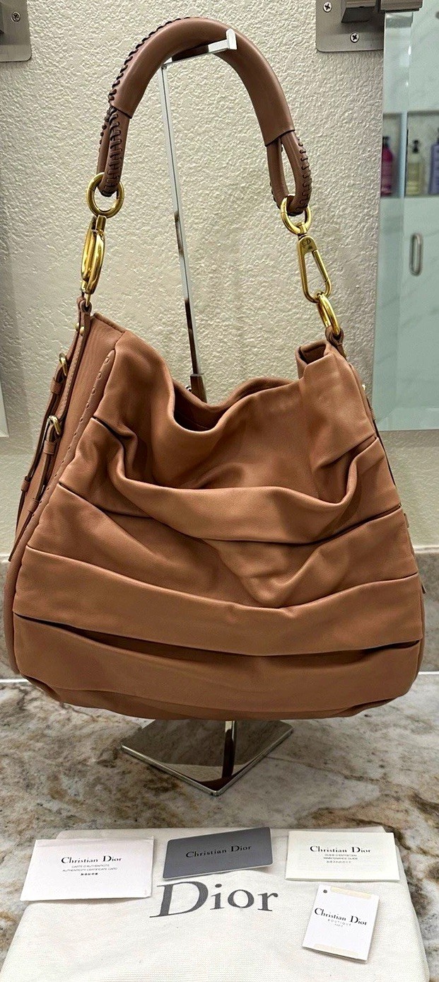 Dior Libertine Pink Large Hobo Bag Pleated Gold Hardware with accessories