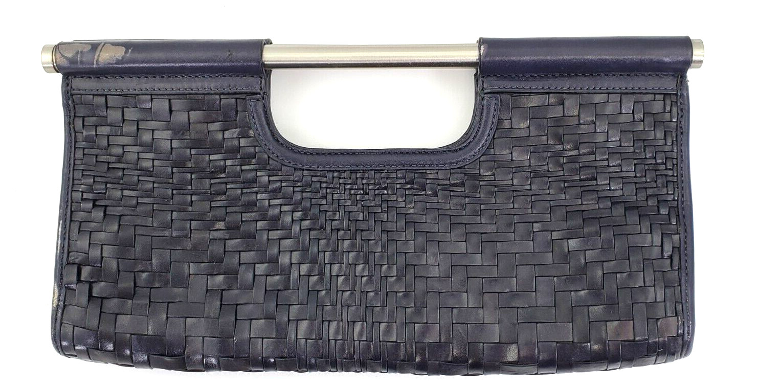 Cole Haan Genevieve Oversize Clutch Top Handle Woven Leather Blue Bag Used/Flaws