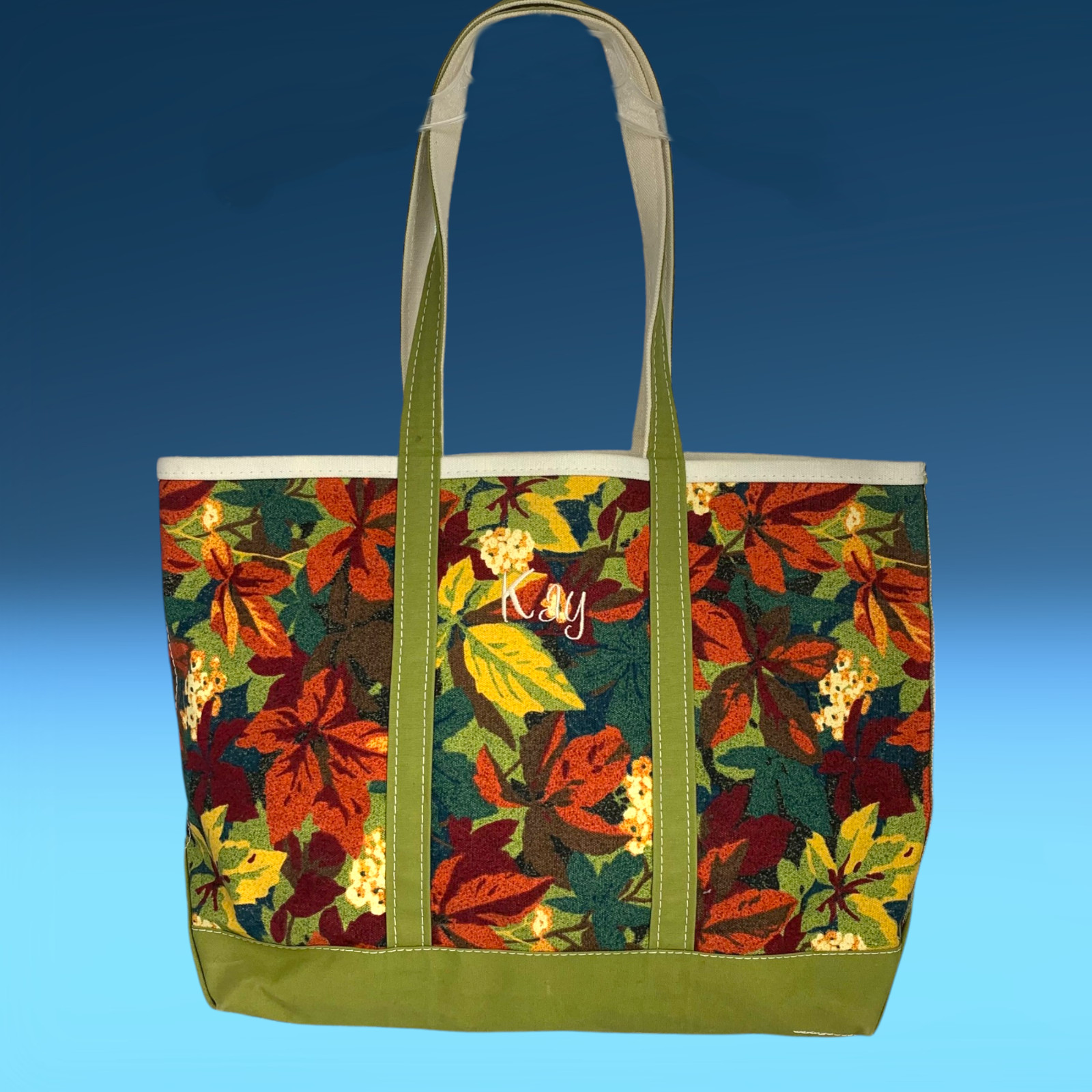 Vintage L.L. Bean Fall Foliage Boat and Tote Printed Canvas Tote Bag Made in USA