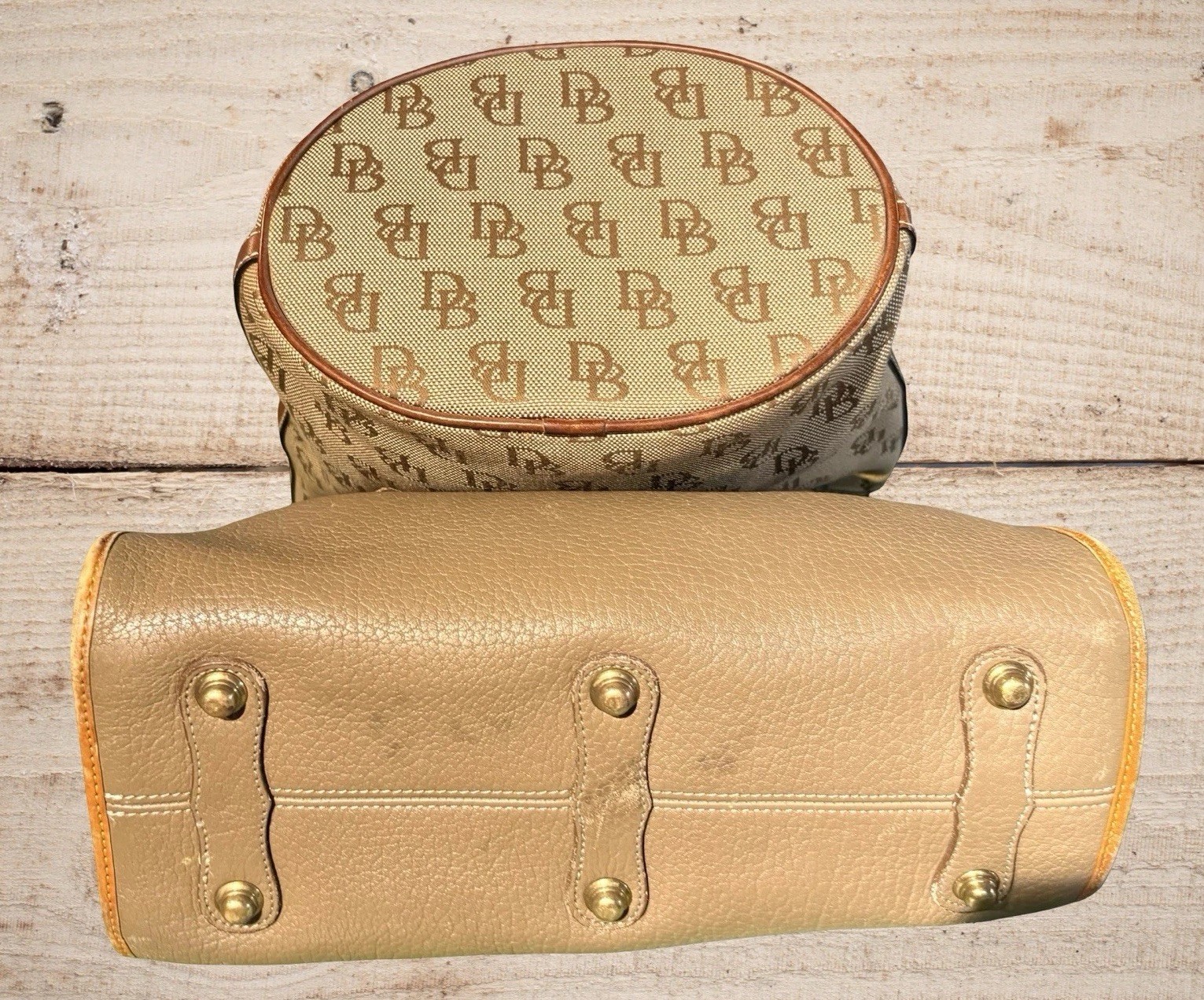 Dooney Bourke Bundle Lot Leather Bags Beige Brown DB Logo Tote Satchel Wallet