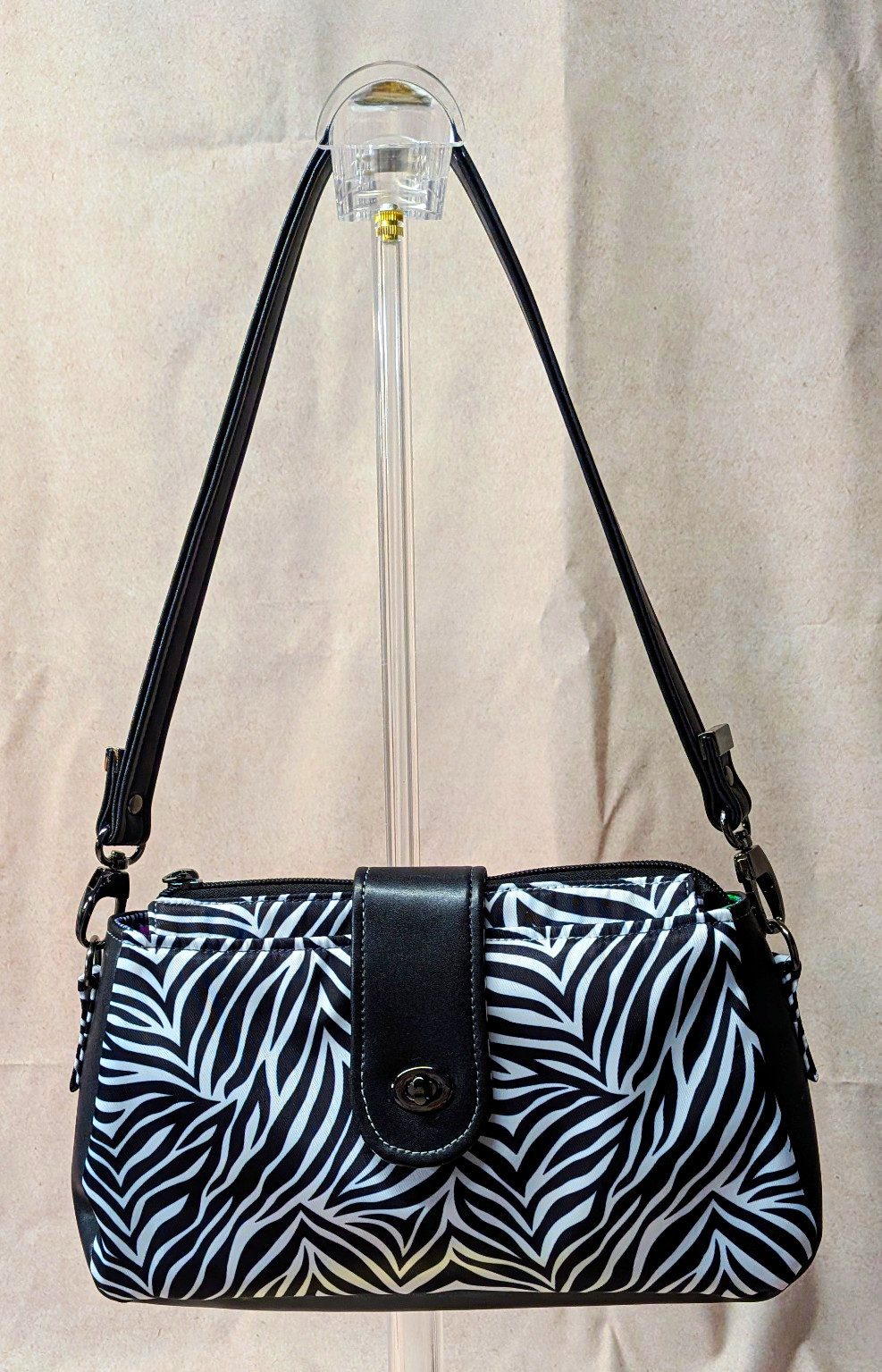 Zebra Print Small Shoulder Bag Zip/Turn Lock, Detachable Strap, Pockets