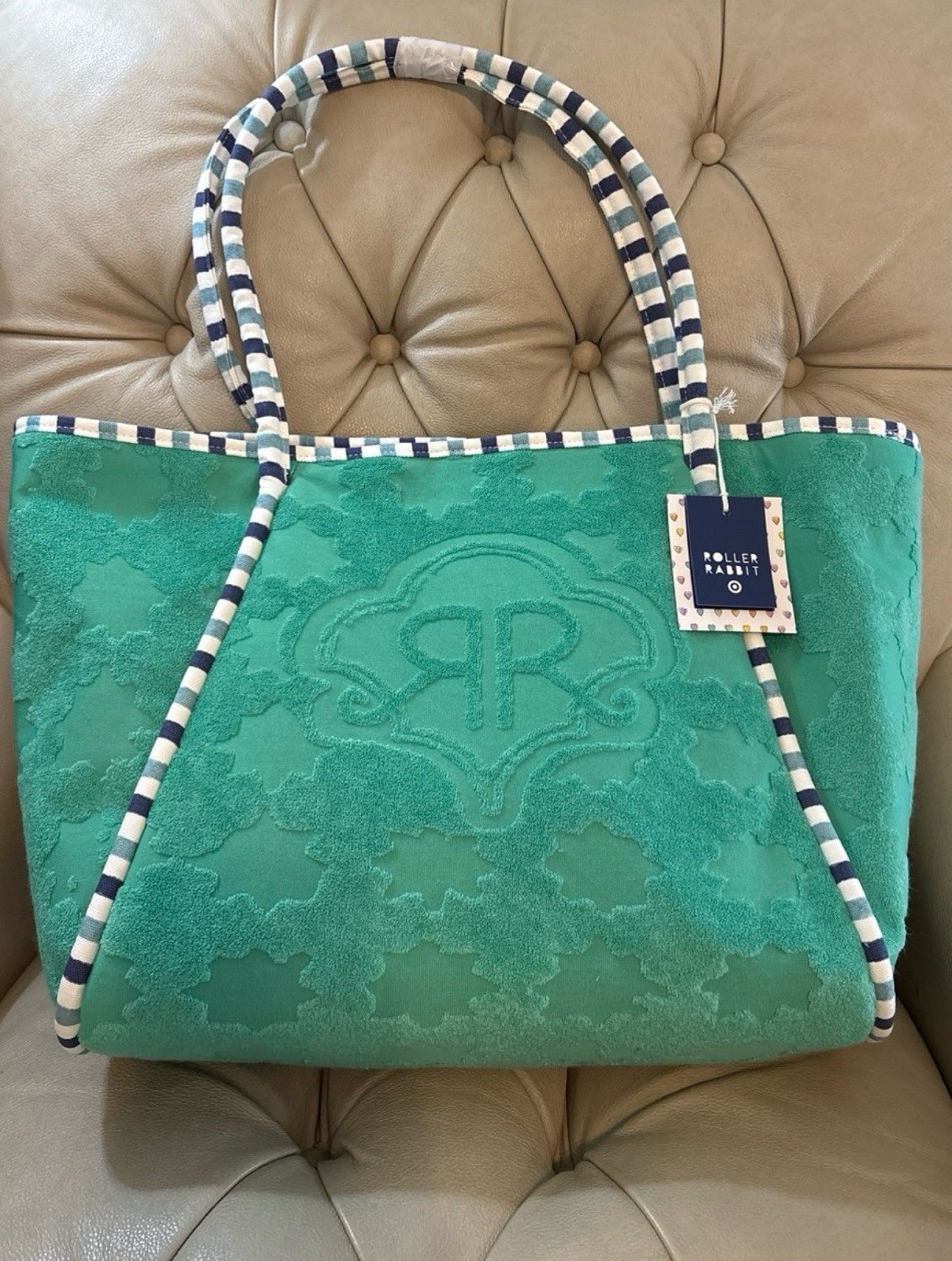 Roller Rabbit Green Striped Tote Bag Magnetic Closure Lined Inner Pockets