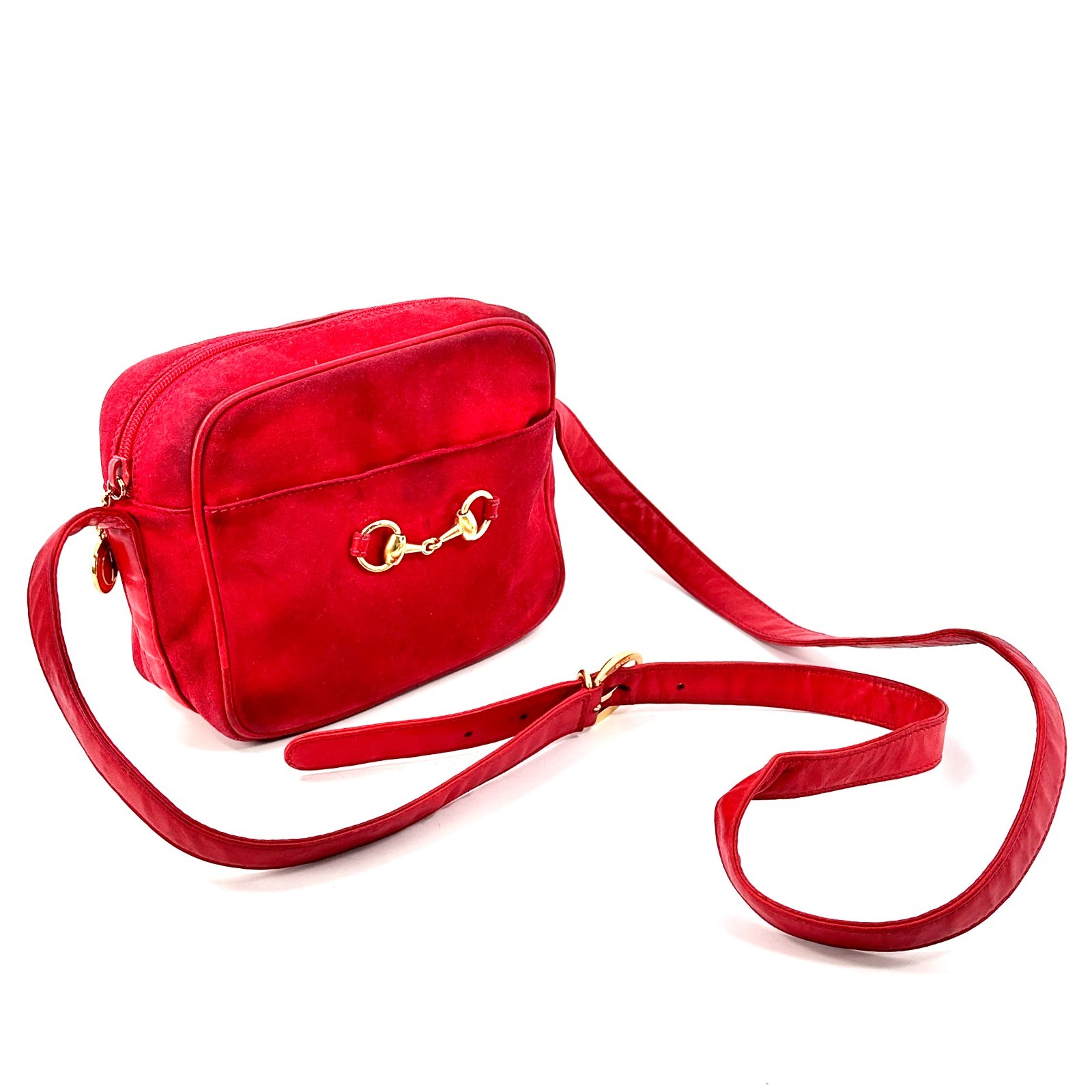 Gucci Horsebit Shoulder Bag Suede Red Authentic 325T0387