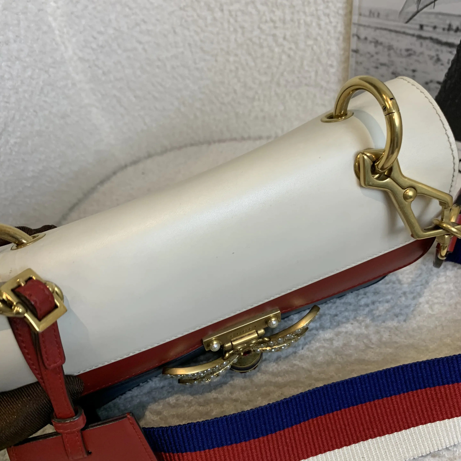 Gucci Margaret Bee Pearl Multicolor Canvas Leather Shoulder Bag