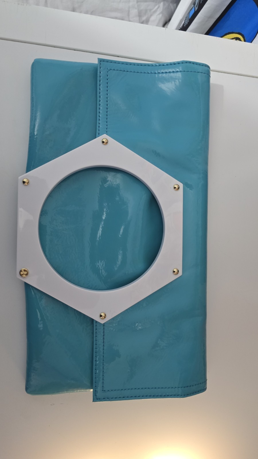 Jonathan Adler Blue Patent Clutch Hexagon Handle Studded Accents Geometric