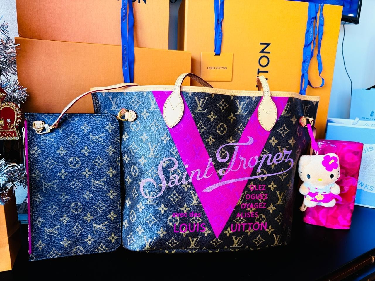 Louis Vuitton SAINT TROPEZ Neverfull MM Bag Pondicherry Pink Monogram + POCHETTE