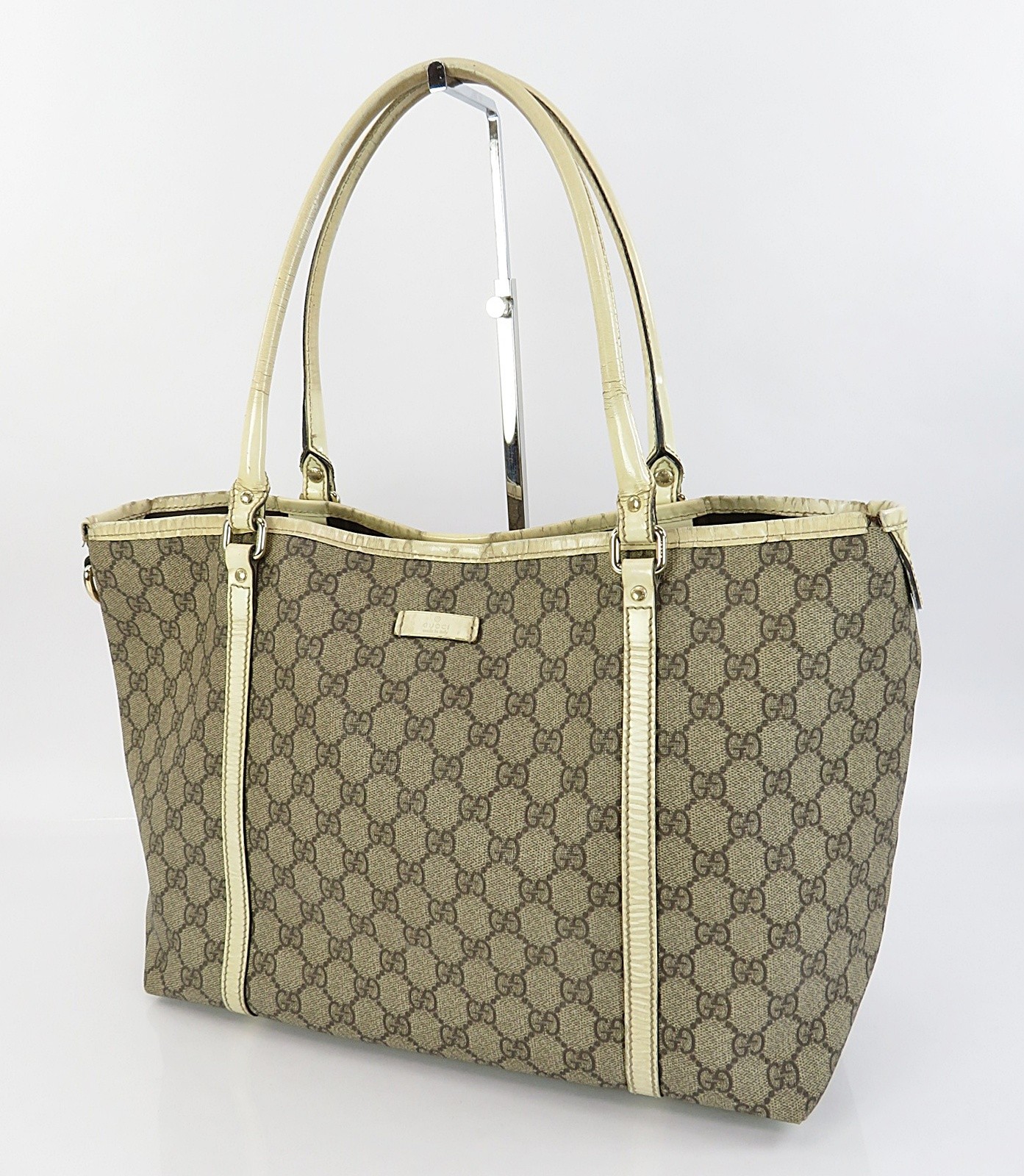 Auth GUCCI Joy Brown GG PVC Canvas and Off-White Leather Supreme Tote Bag #64223