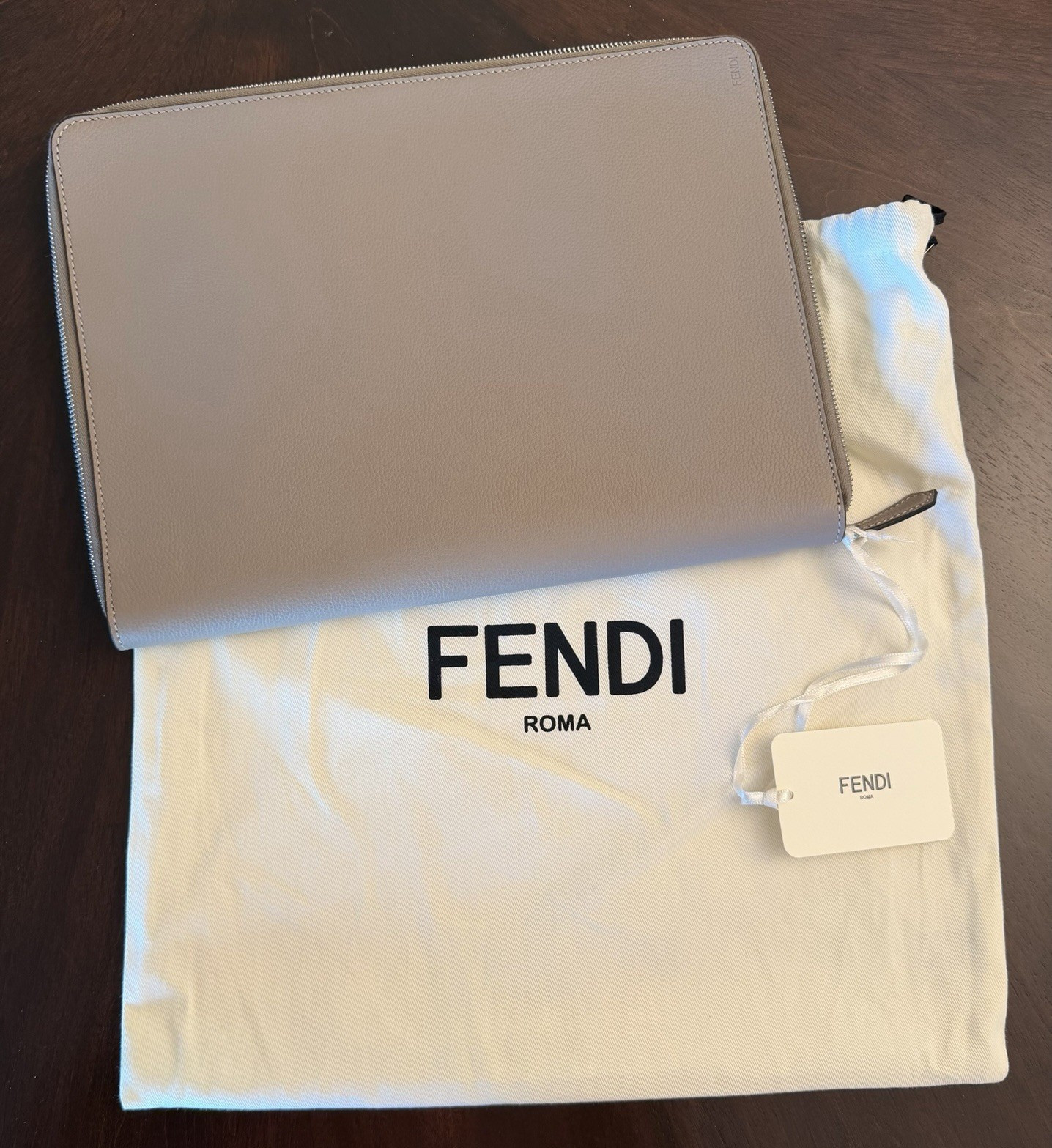 Fendi Gray Zip Document Laptop Holder Zip Beige Pouch 13×10