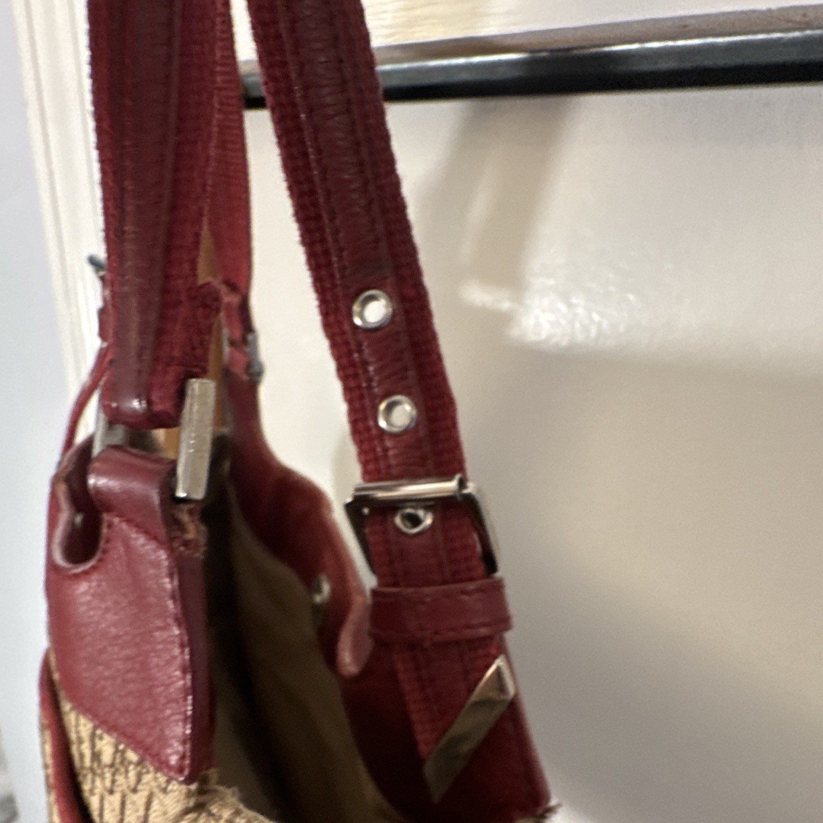 Dior Beige Red Monogram Shoulder Bag Zip Snap Logo Buckle Pockets Silver