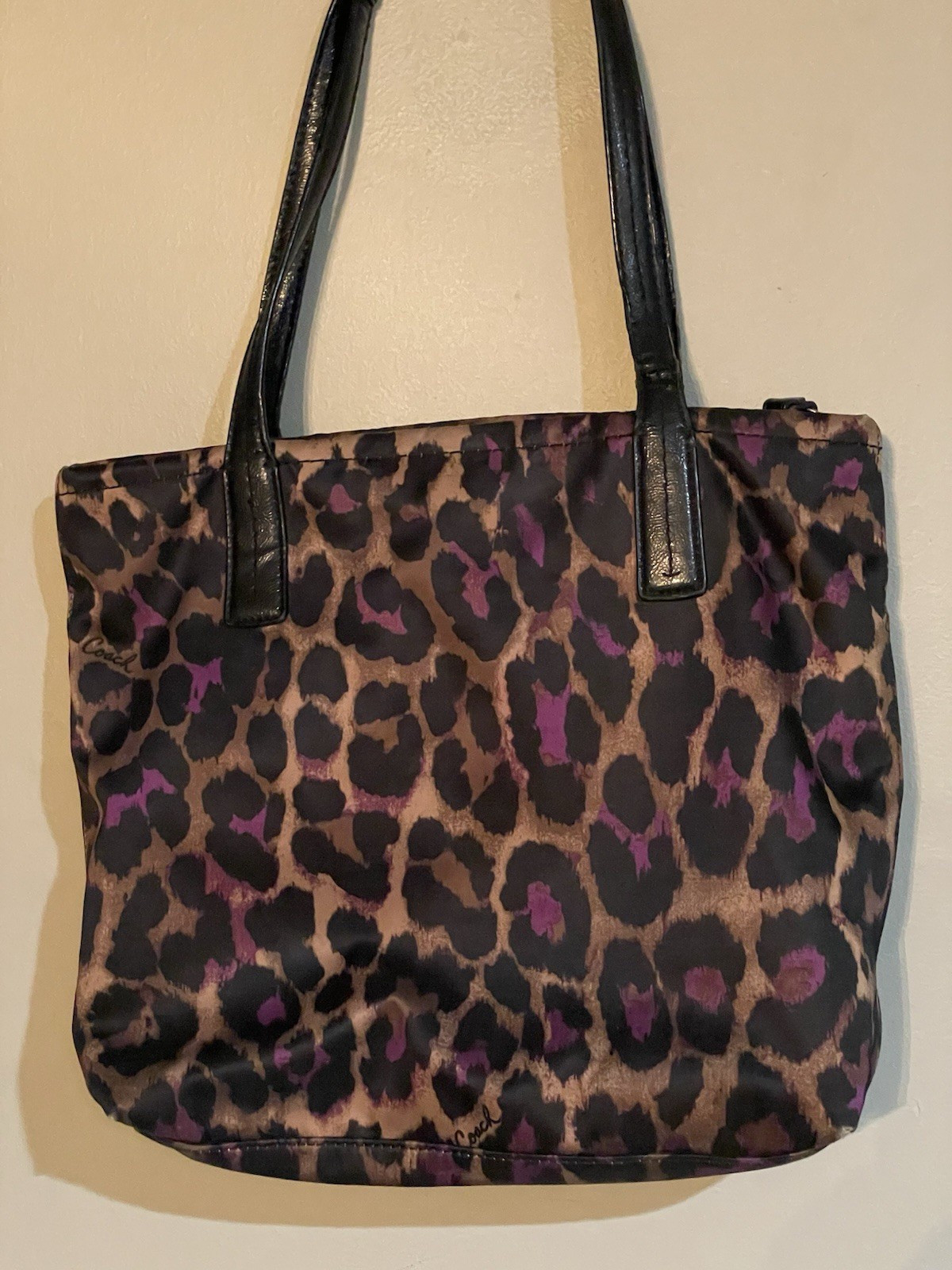 Coach Leopard Print Brown Purple Black Tote Zip Closure Women Designer Bag