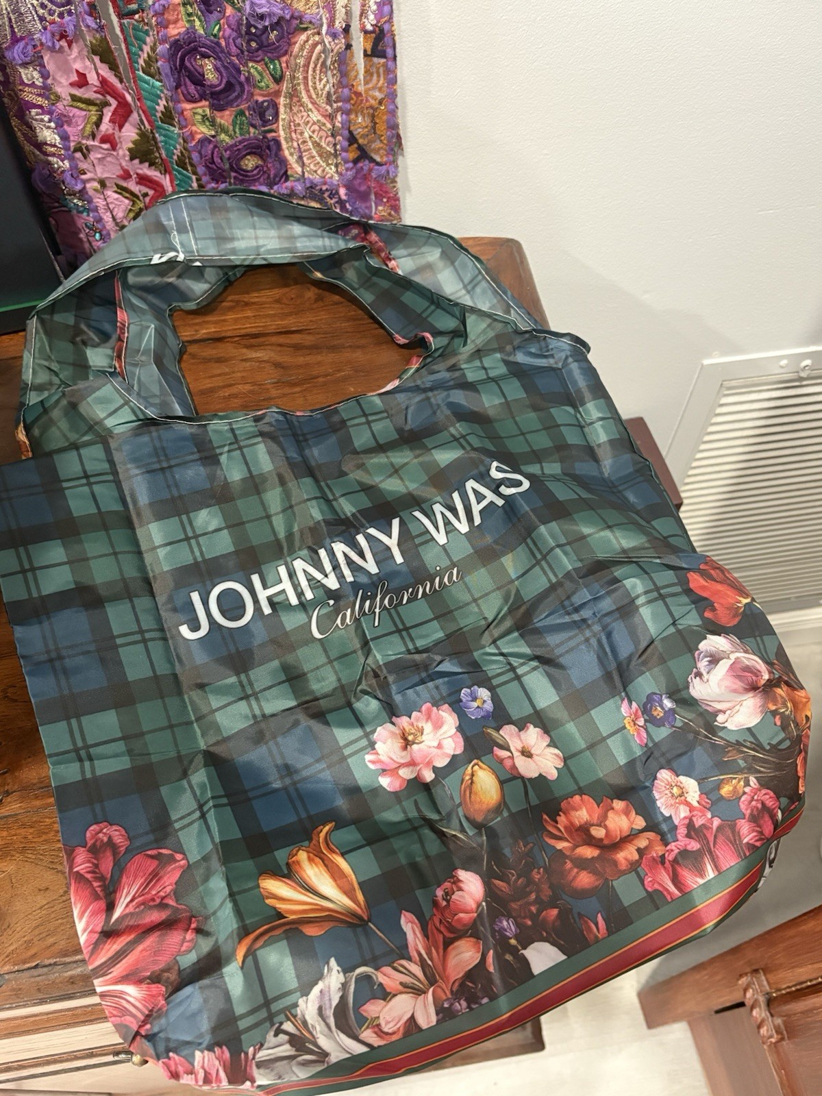 Authentic Johnny Was Nylon Reusable Shopper Tote Green Plaid Floral Print NEW