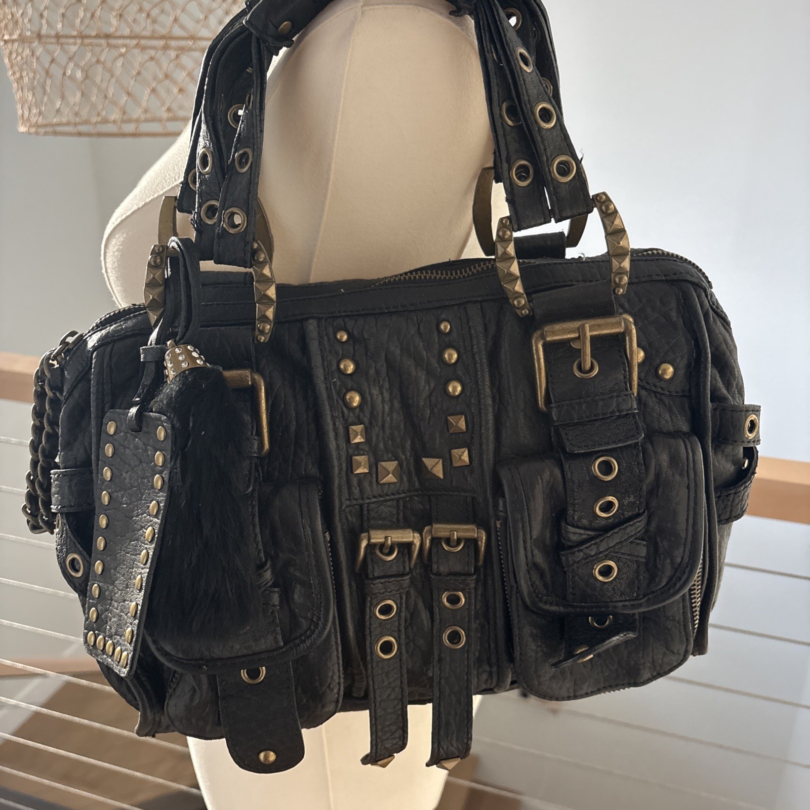 Betsey Johnson Black Studded Buckle Accent Zip Satchel Handbag Women Vtg