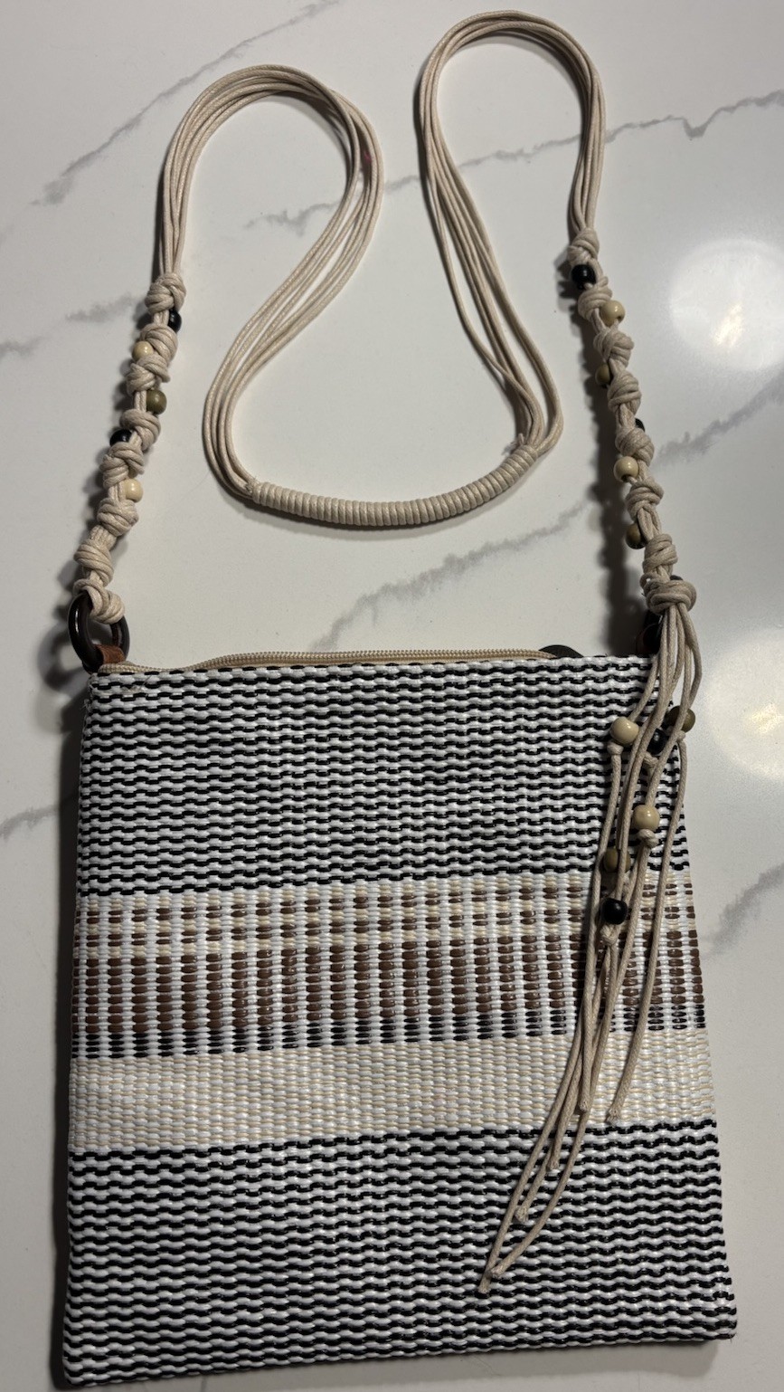 SUN ‘N’ SAND Beige White Black STRIPED Beaded POLY CANVAS CROSSBODY PURSE