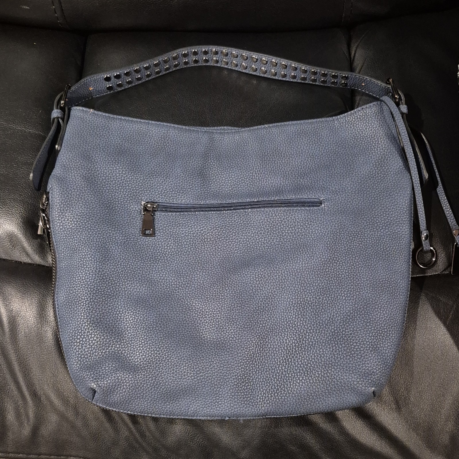 Black Rivet Expandable Blue Shoulder Bag Silver Hardware Studded Zipper Closure